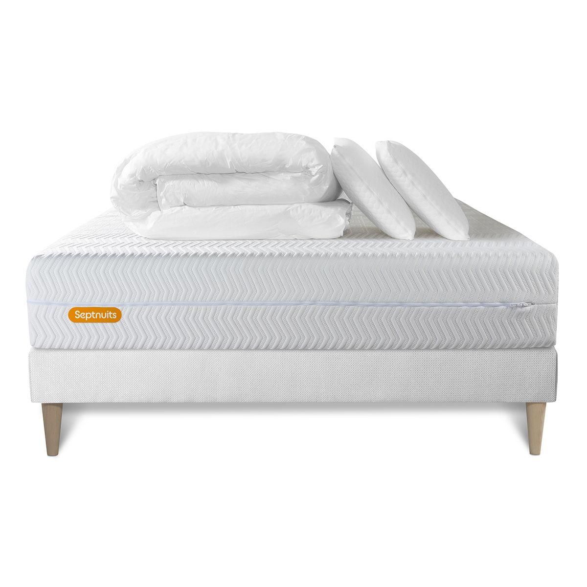 SEPTNUITS PACK Matelas + sommier kit blanc Memo Bio Mousse à mémoire de forme Maxi épaisseur + Couette + 2 oreillers