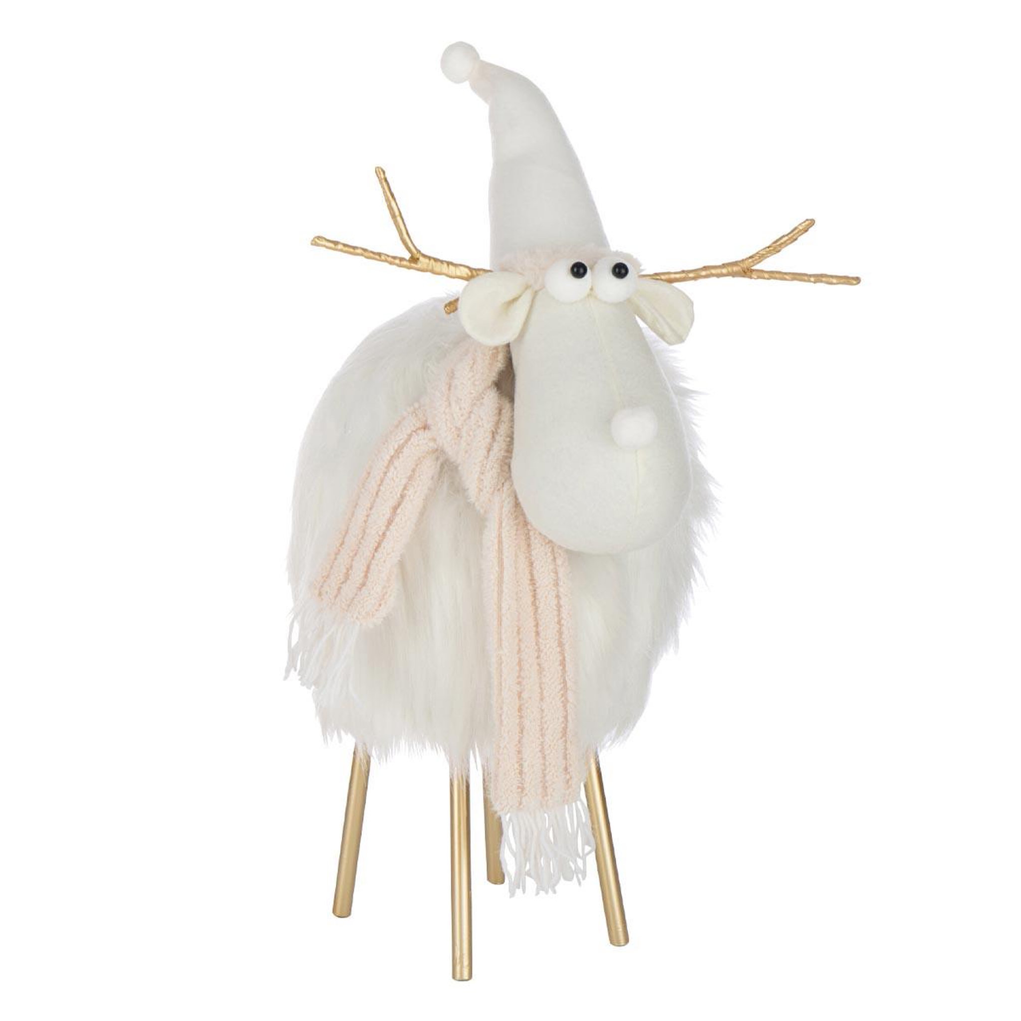 J-LINE Statue renne déco  bonnet & foulard  61cm blanc