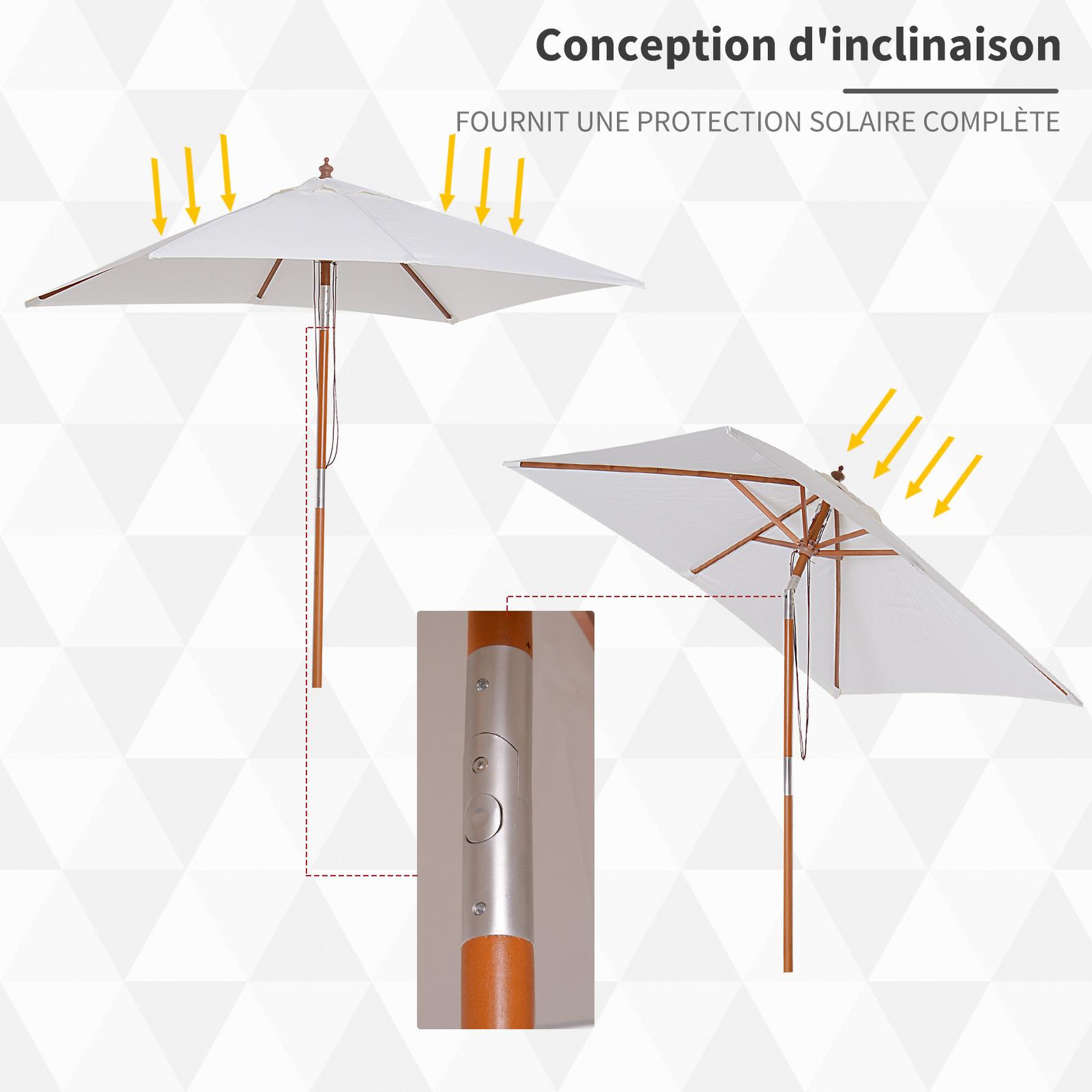 Voir la diapositive 3 : OUTSUNNY Parasol rectangulaire inclinable bois polyester haute densité 2L x 1,5l x 2,3H m crème