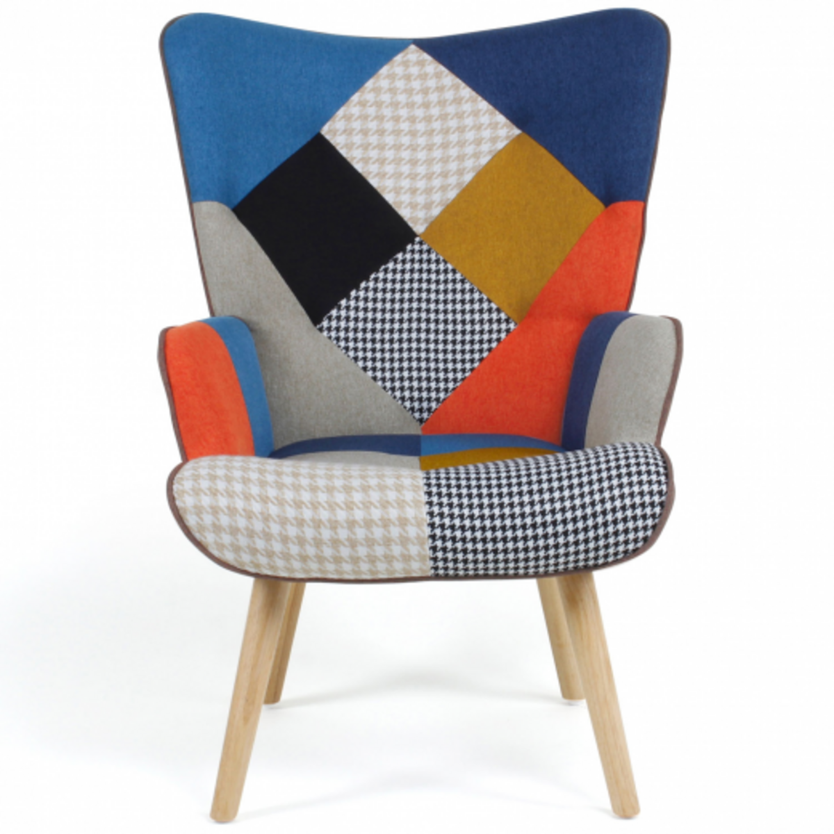 ID MARKET Fauteuil scandinave IVAR en tissu patchwork multicouleurs et imprimé pied de poule