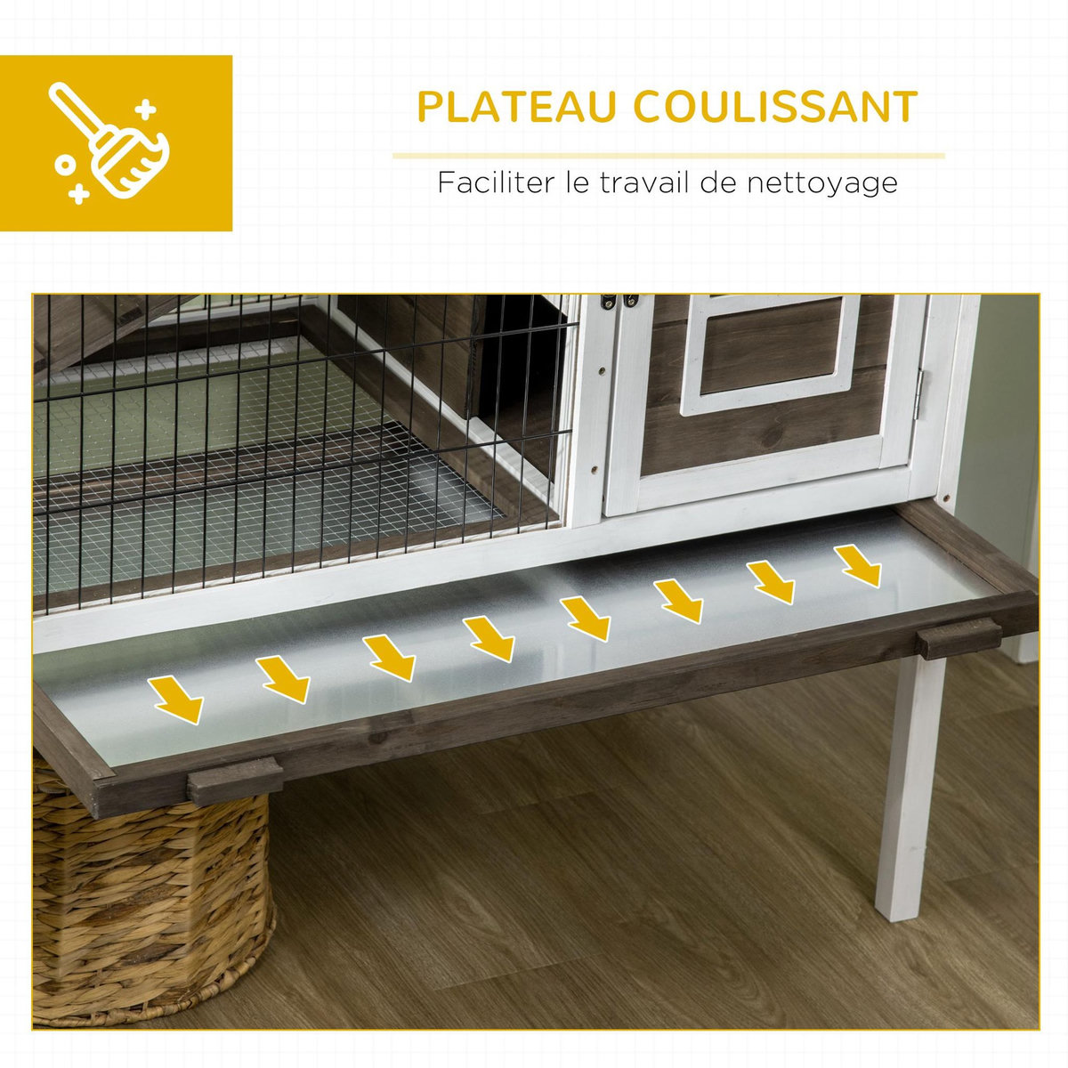PAWHUT Clapier cage à lapin - 2 portes verrouillables, toit ouvrant, plateau excrément - bois foncé blanc