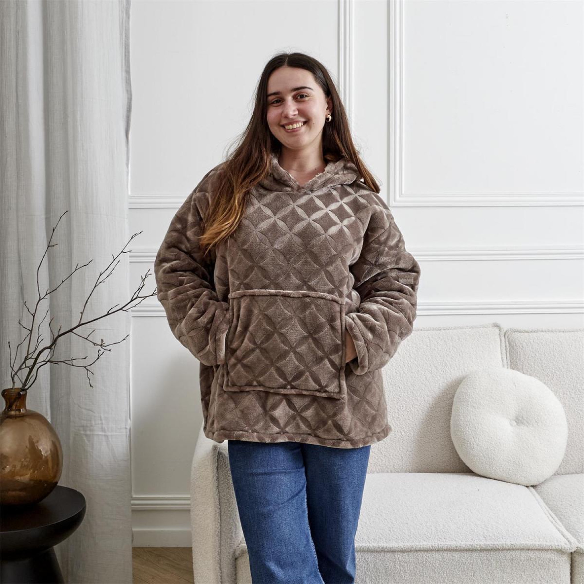 Voir la diapositive 2 : The Home Deco Factory Plaid sweat à capuche  embosse  85x118cm marron