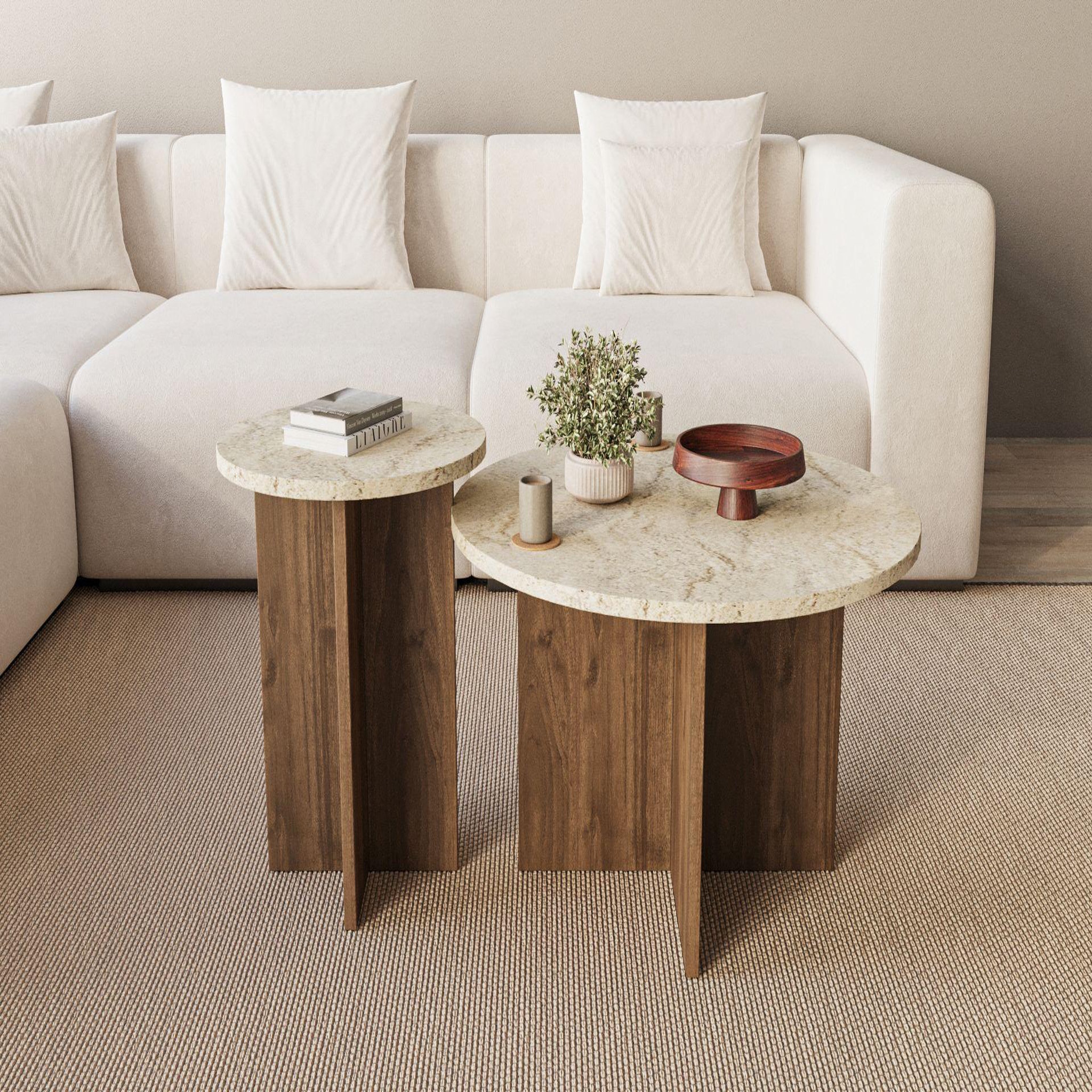 Voir la diapositive 3 : Habitat et Jardin Ensemble de table basse en bois  private  70 x 70 x 40 cm - travertin