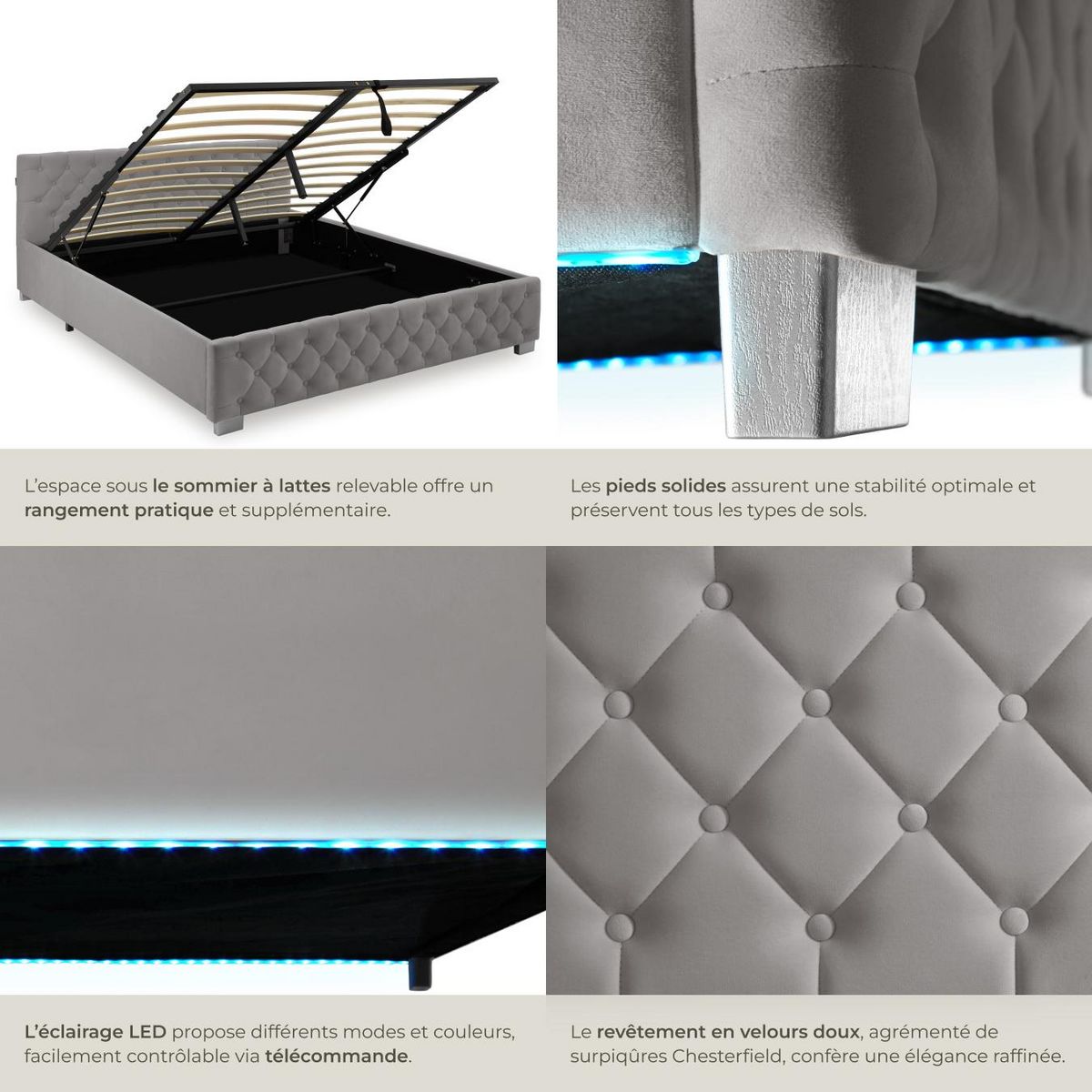 tectake Lit rembourré En aspect velours avec motif matelassé gris foncé 180 x 200 cm