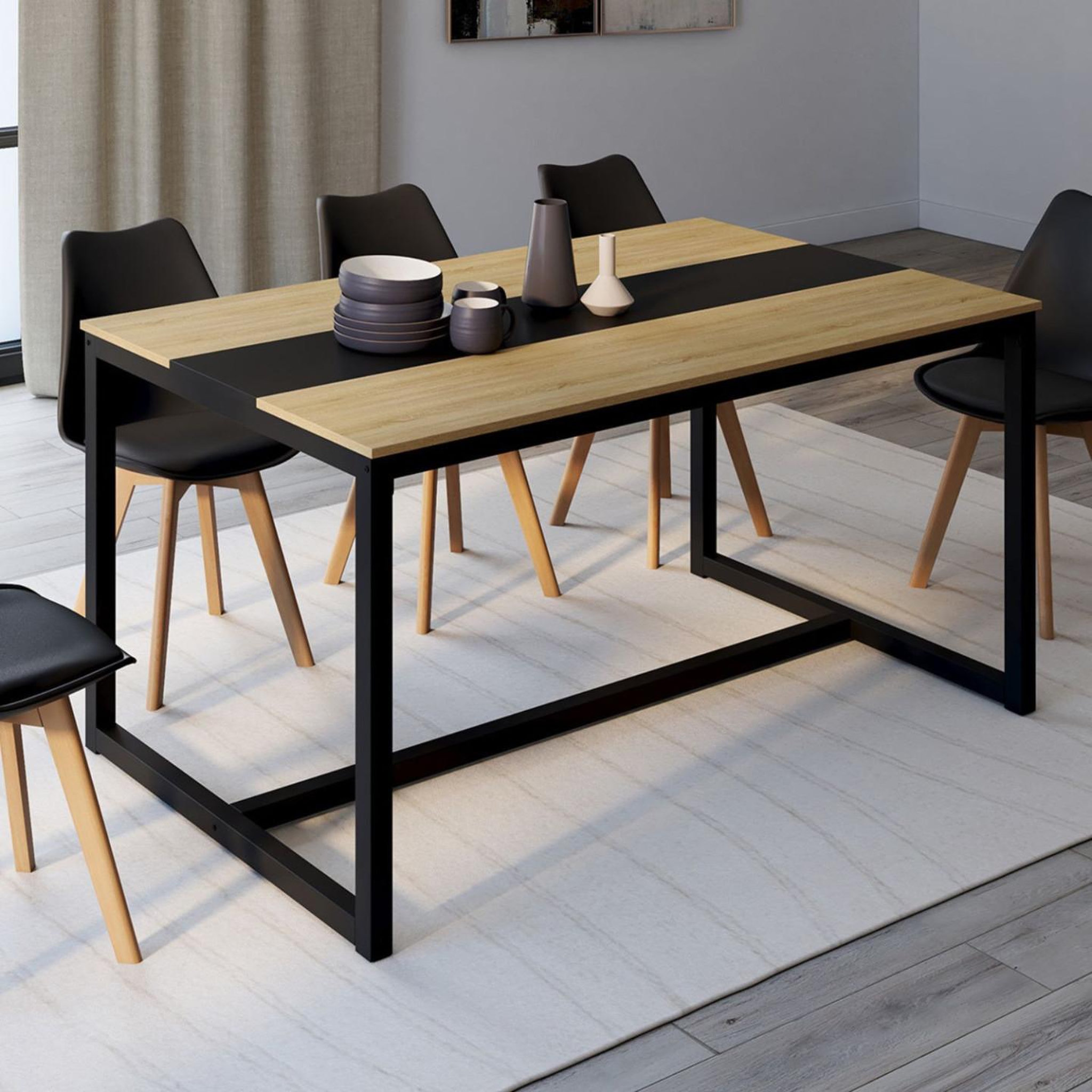 Voir la diapositive 2 : ID MARKET Table à manger rectangle dover 8 personnes bande centrale noire design industriel 150 cm