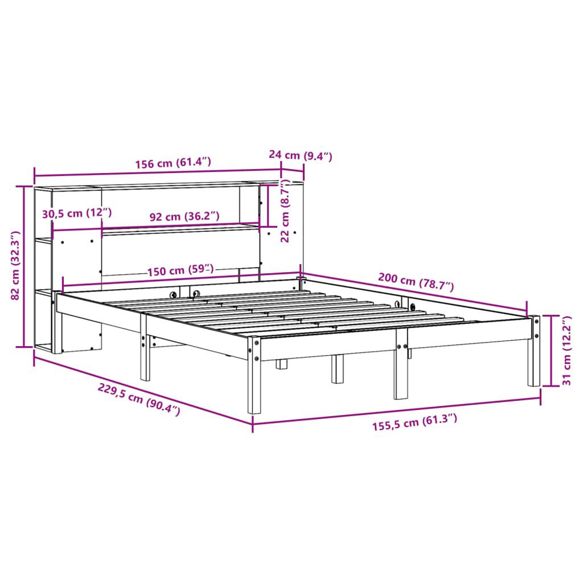 Voir la diapositive 6 : VIDAXL Lit bibliotheque sans matelas blanc 150x200 cm bois pin massif