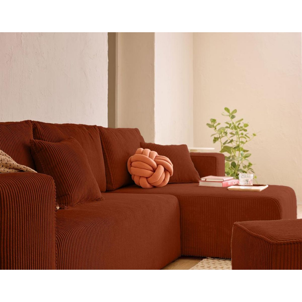 BEST MOBILIER Topaze - canapé d'angle réversible 4 places - convertible avec coffre, tablette et poufs - en velours côtelé