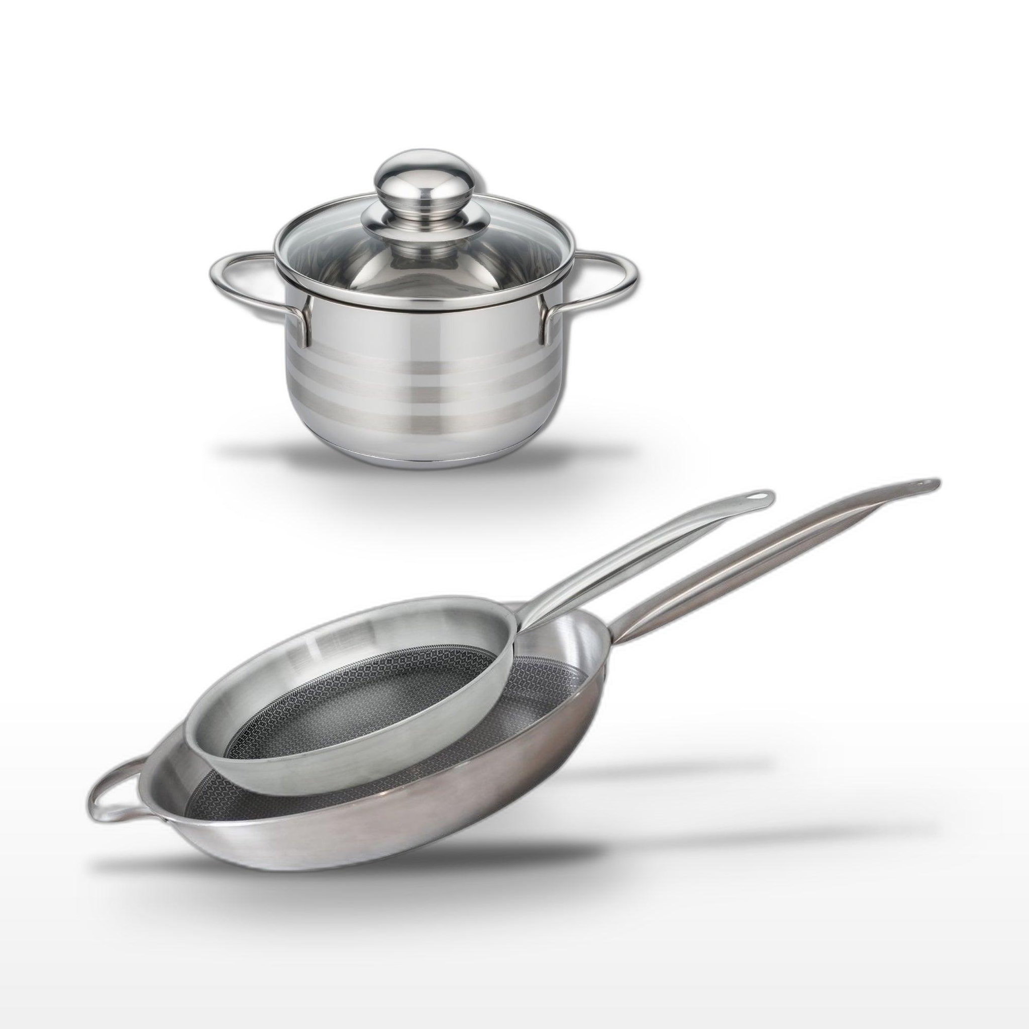 ELO Batterie de cuisine avec 2 poêles de 28/32 cm et 1 faitout de 14 cm en inox et sans pfas elo collection relief solution brillant