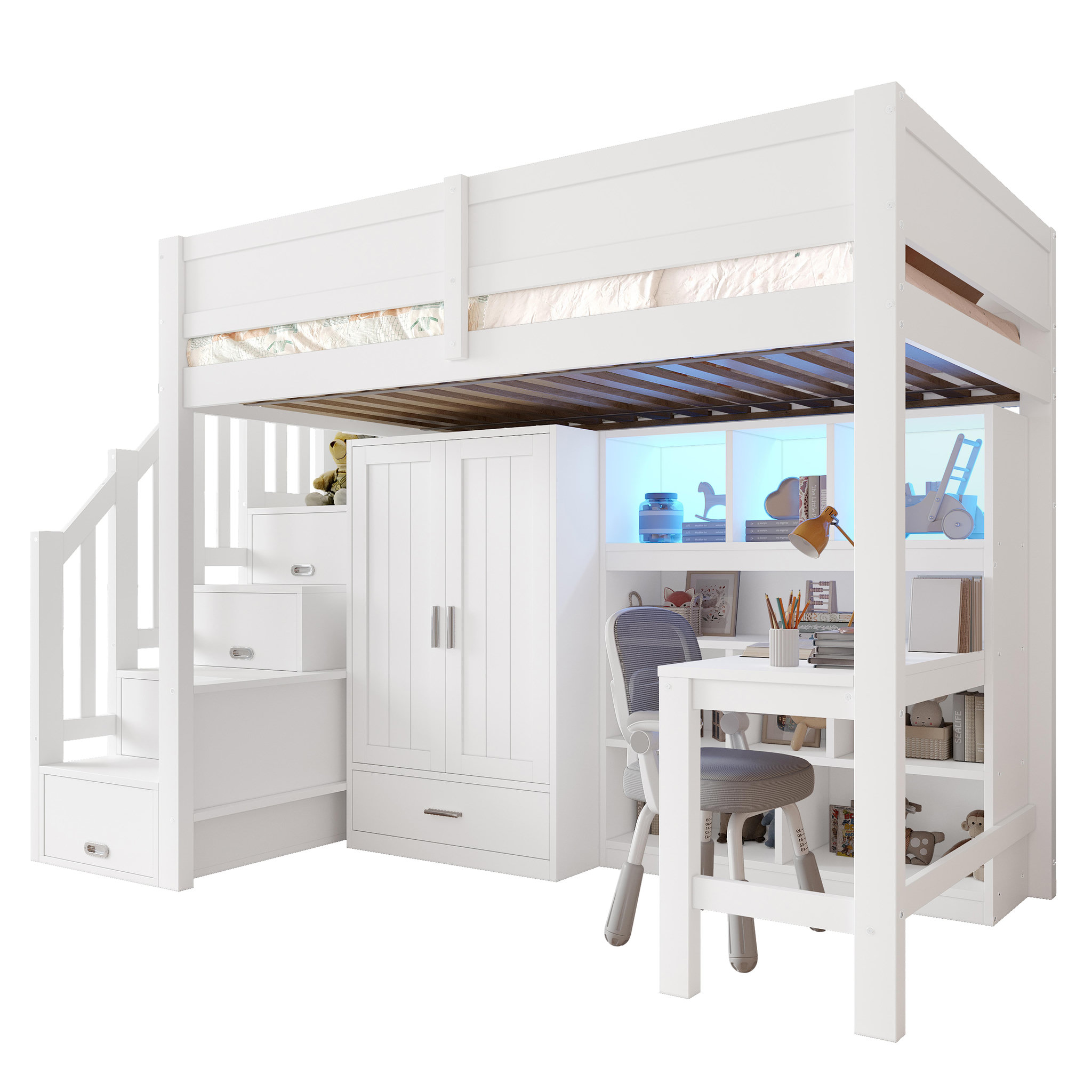 MERAX Lit combiné enfant 90x200 cm coloris blanc led pin