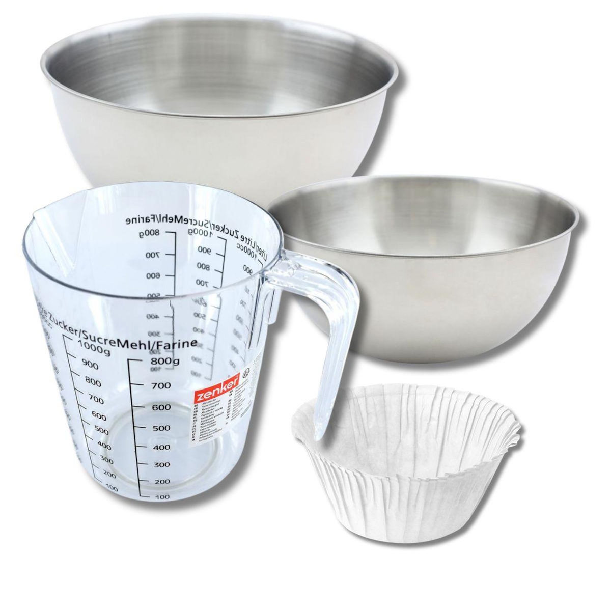 ZENKER Set pâtisserie avec 30 moules à muffins en papier, 2 bols à mixer, verre mesureur et spatule Zenker