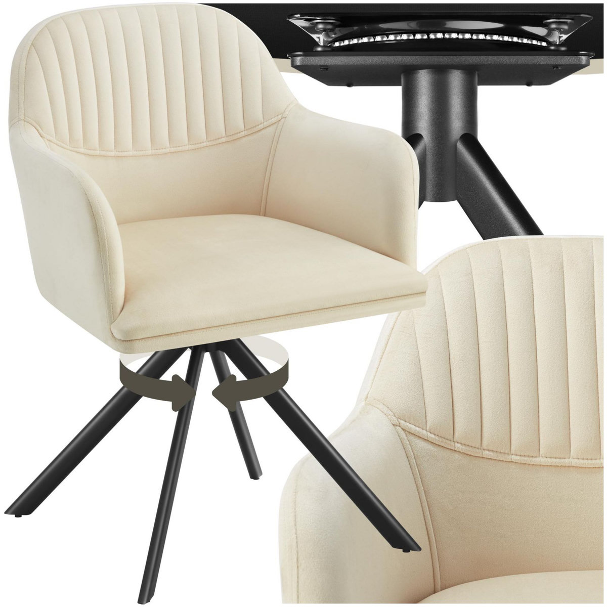 tectake Chaise pivotante en velours rembourrée crème/noir