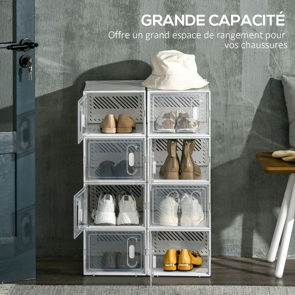 HOMCOM Lot de 8 boites cubes rangement à chaussures modulable avec portes transparentes - dim. 25L x 35l x 19H cm - PP blanc transparent