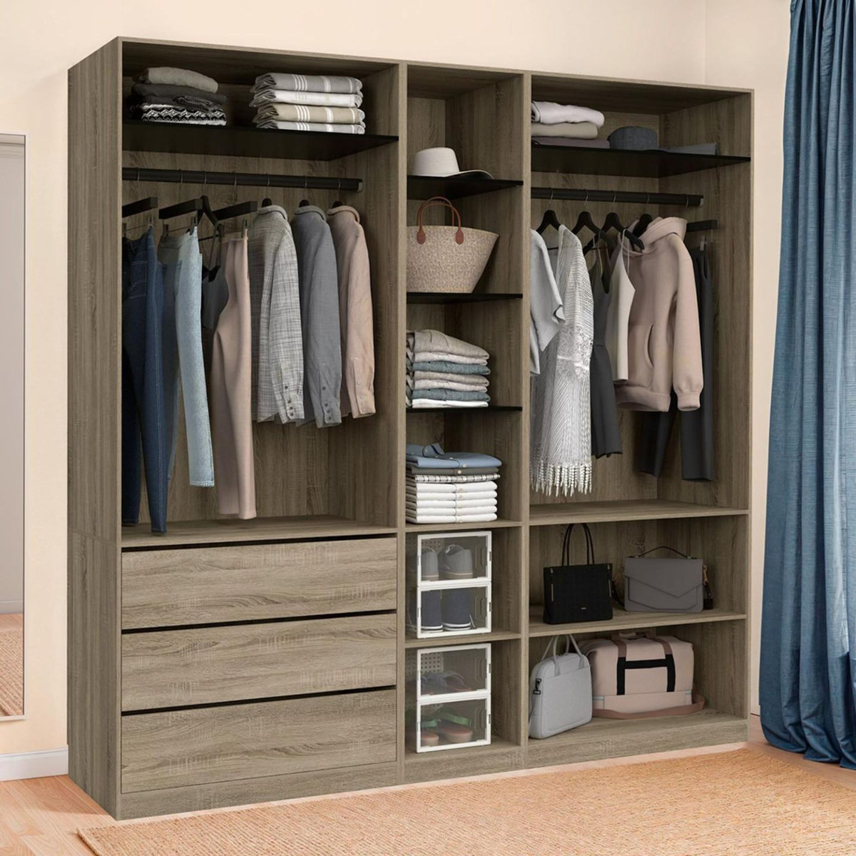 ID MARKET Dressing modulable TAYLOR 200 x 55 x 200 cm 3 modules avec penderies + étagères + tiroirs hêtre et noir