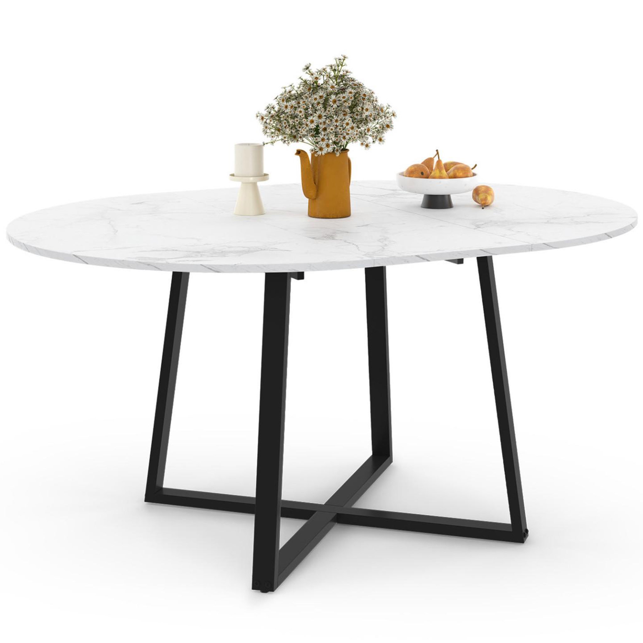 ID MARKET Table à manger extensible ronde selma 4-8 personnes noir et plateau marbre blanc alaska 110-150 cm