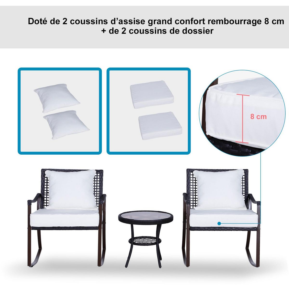 OUTSUNNY Outsunny Ensemble de jardin 3 pièces style cosy 2 fauteuils à bascule avec coussins assise dossier + table basse résine tressée brun crème