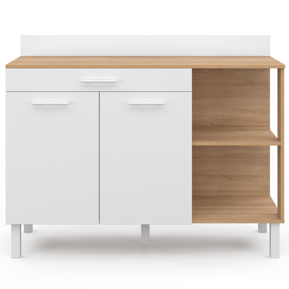 ID MARKET Buffet bas de cuisine 120 cm CINA plan de travail H.83 cm 2 portes + tiroir façon hêtre et blanc