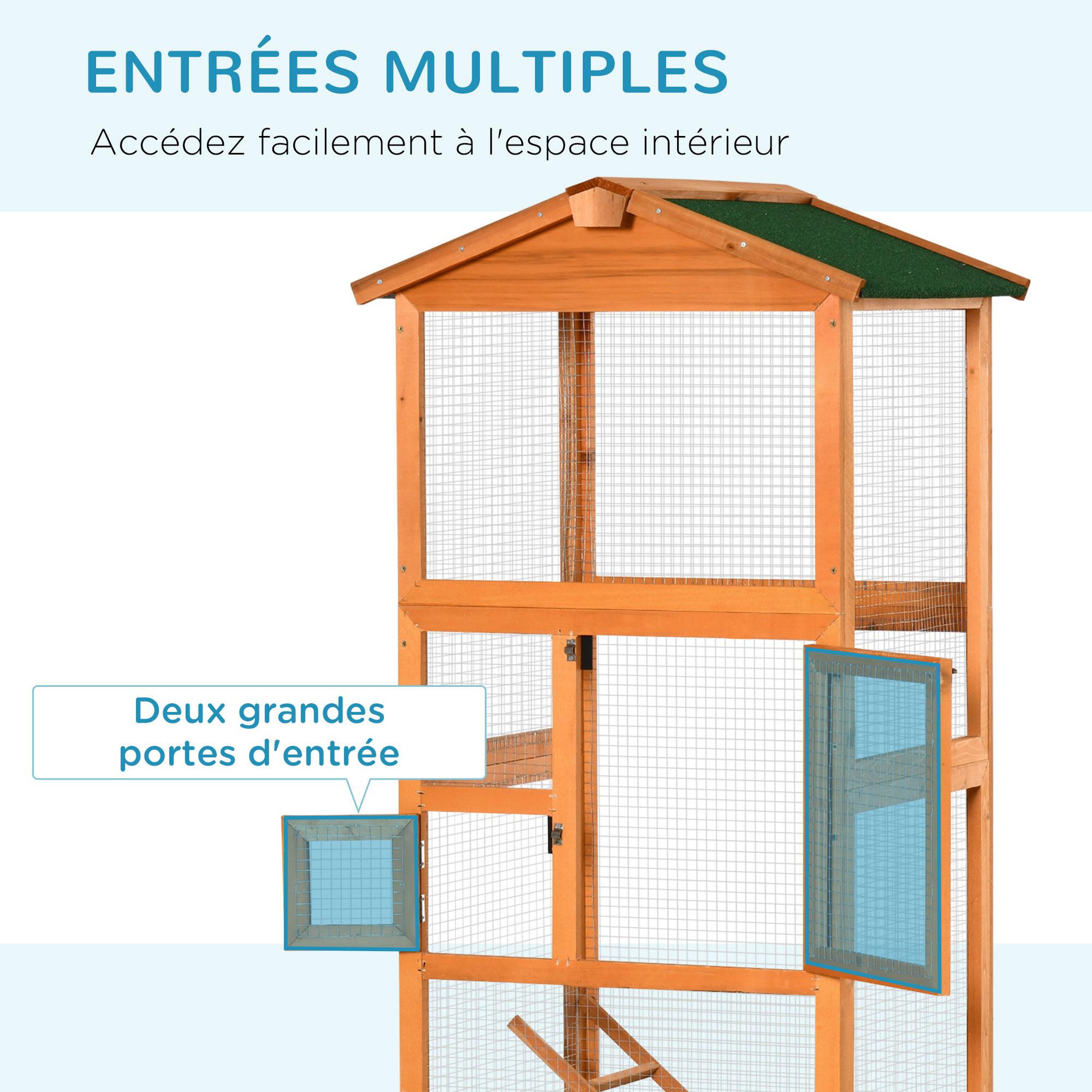 Voir la diapositive 5 : PAWHUT Volière cage à oiseaux - 2 portes tiroir déjection coulissant échelle toit bitumé - bois sapin pré-huilé