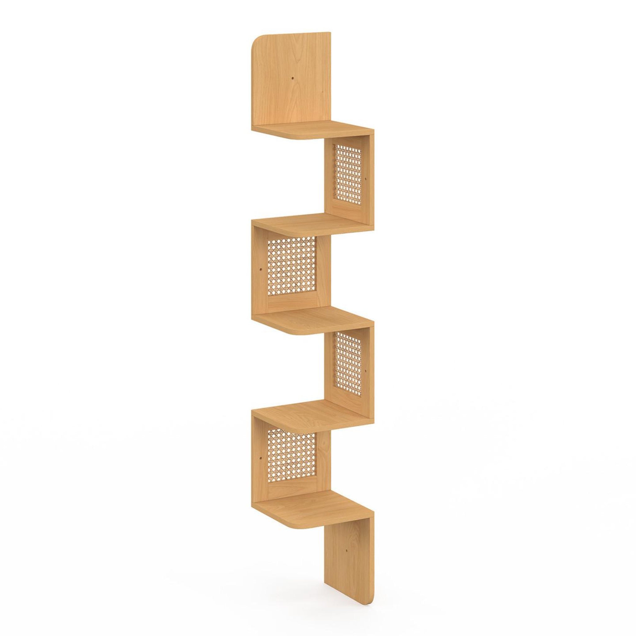 Voir la diapositive 3 : ID MARKET Etagère murale d'angle edhen 5 niveaux bois et cannage