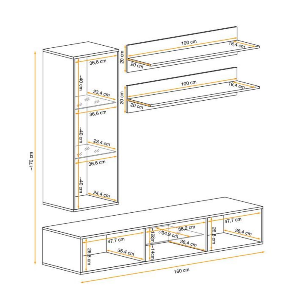 Paris Prix Meuble TV Mural Design  Fly XIX  170cm Blanc & Noir
