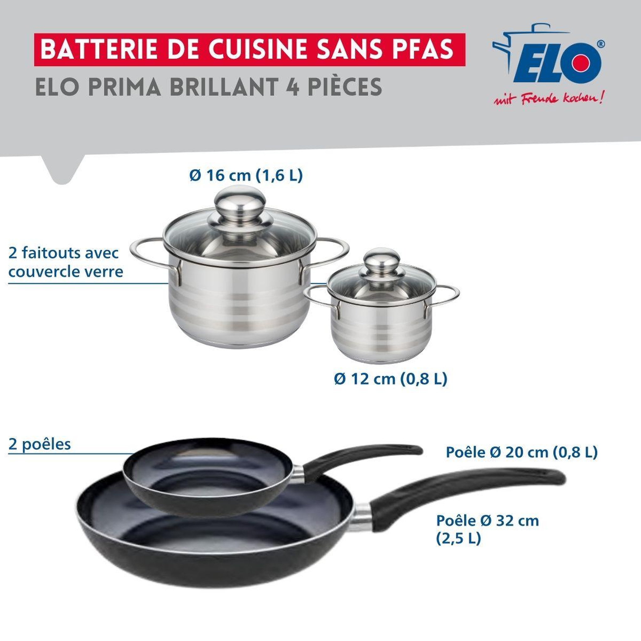 Voir la diapositive 2 : ELO Ensemble de 2 poêles de cuisson 20 et 32 cm et 2 faitouts 12 et 16 cm elo prima brillant