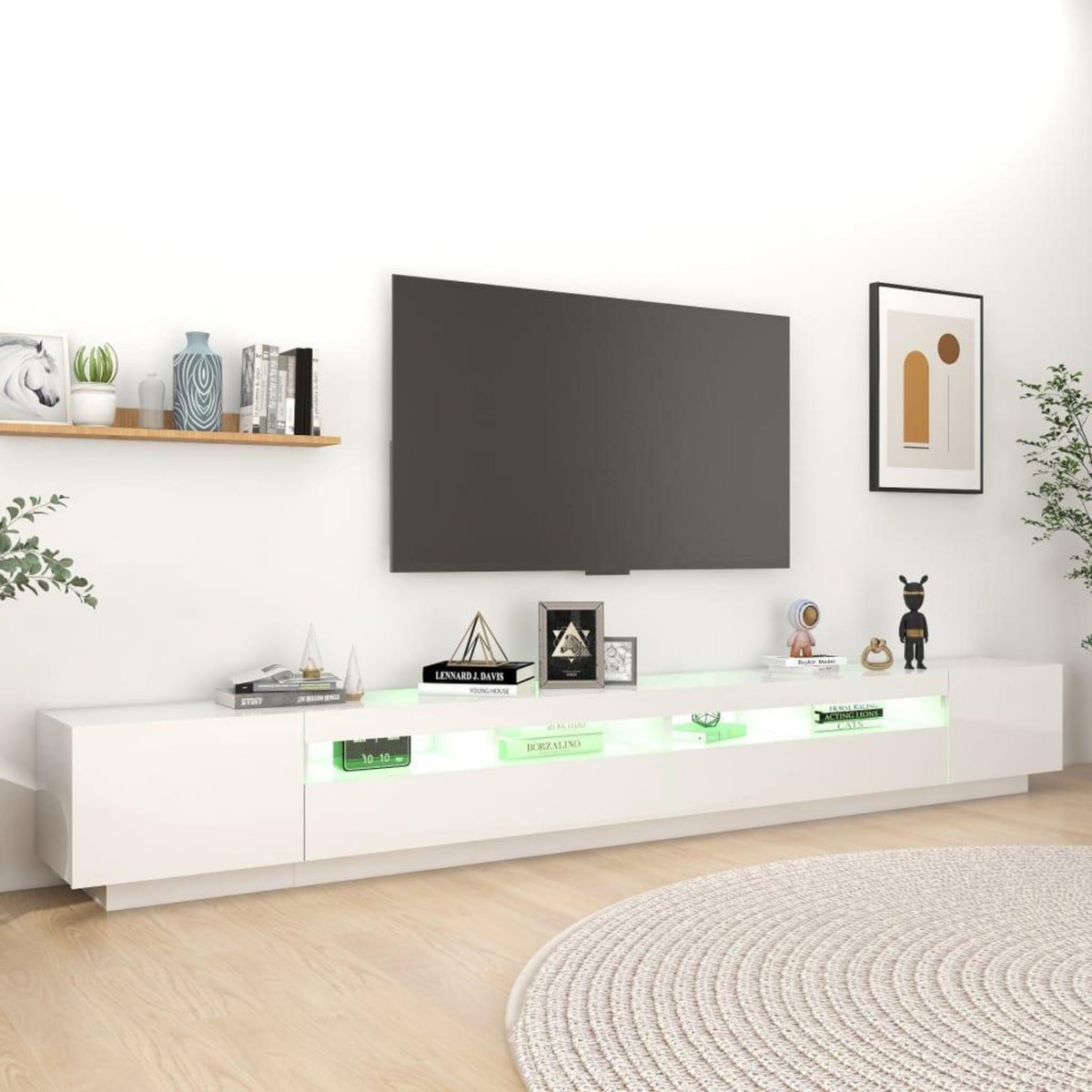 VIDAXL Meuble TV avec lumieres LED Blanc brillant 300x35x40 cm