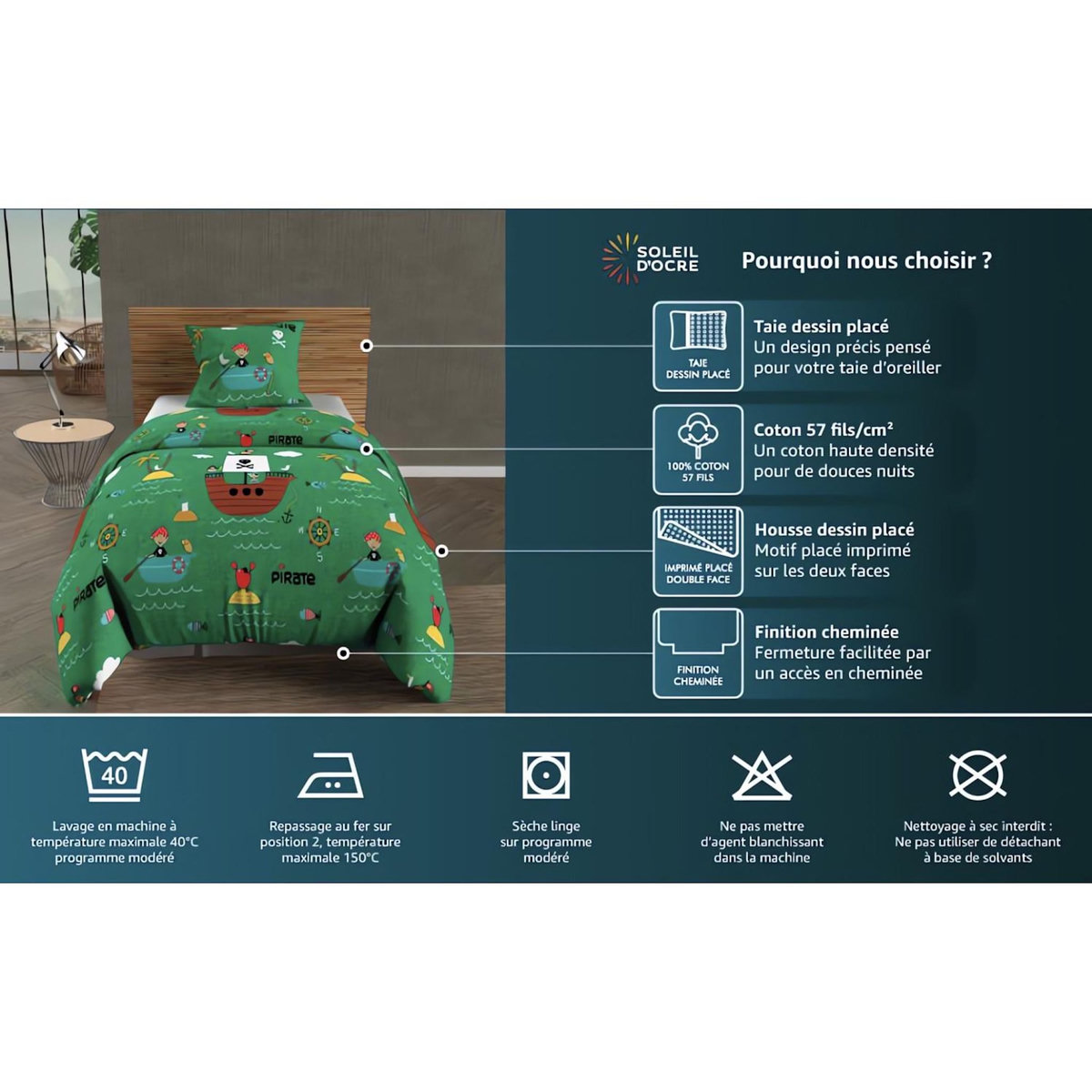 SOLEIL D'OCRE Parure housse de couette PIRATES, 100% coton 57 fils/cm2, par Soleil d'Ocre