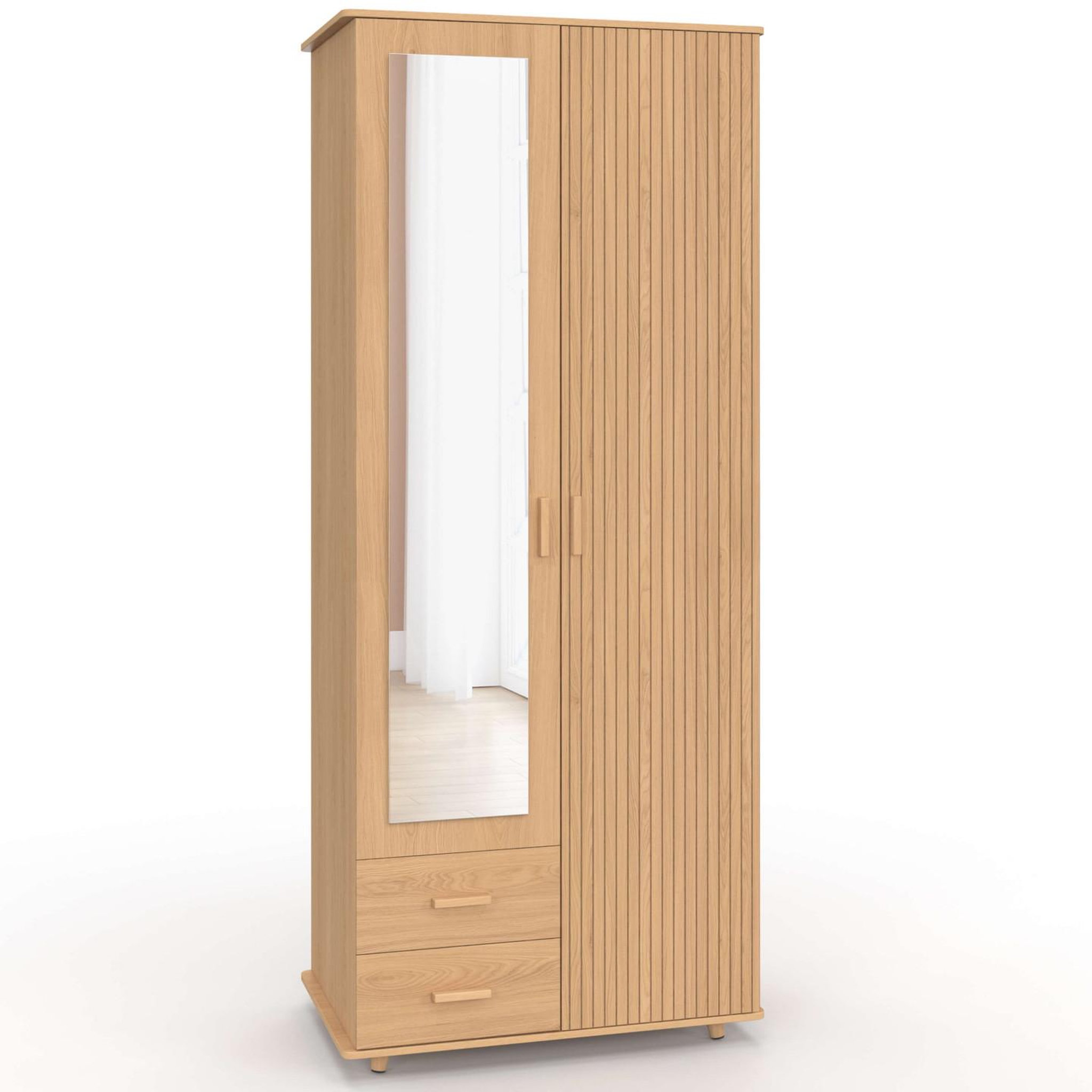 ID MARKET Armoire 2 portes juliette effet lattes tasseau bois penderie 80 cm avec 2 tiroirs, miroir et étagères