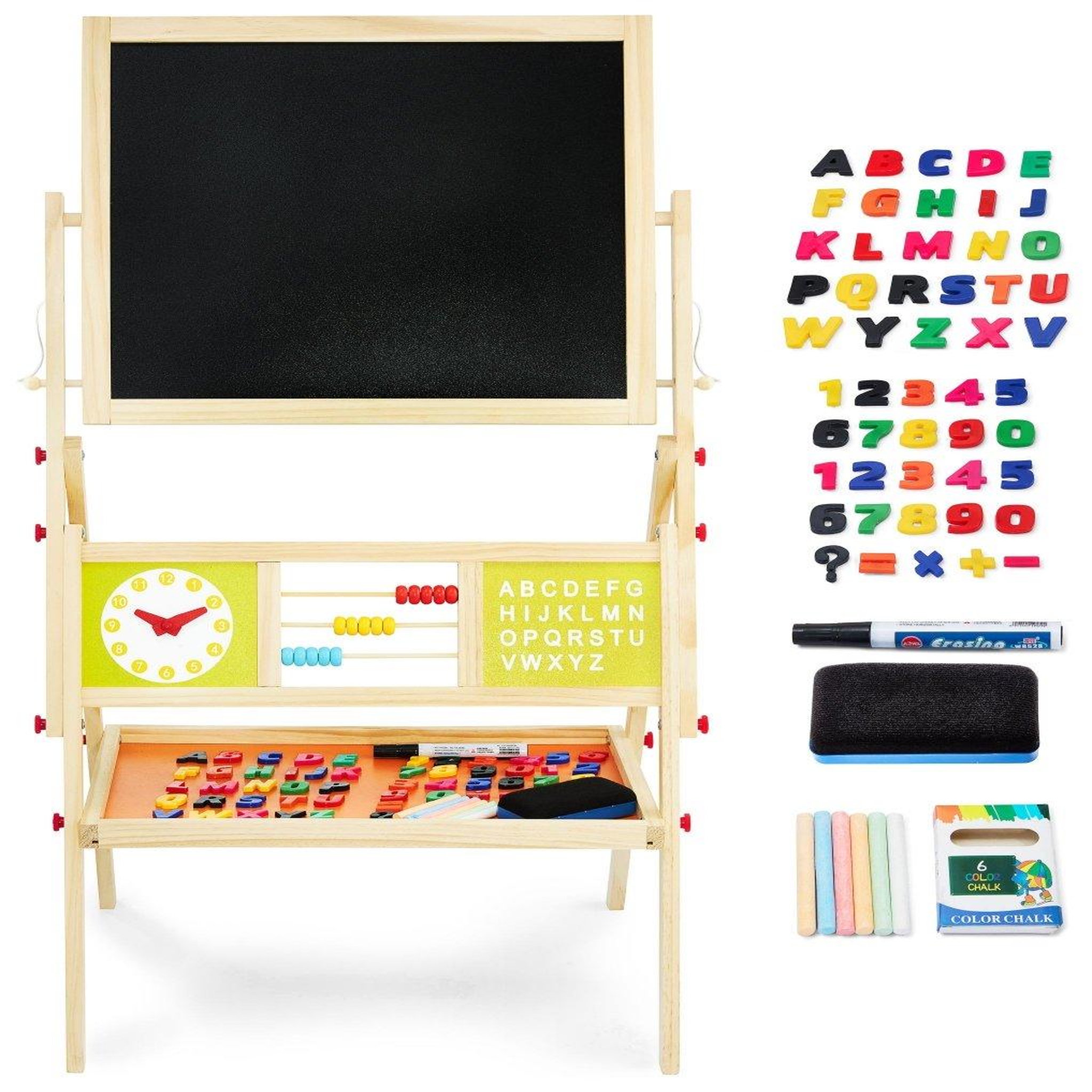 MAMABRUM Tableau Enfant en Bois Double Face Magnétique & Tableau Noir - Chevalet Pliable, Boulier & Horloge