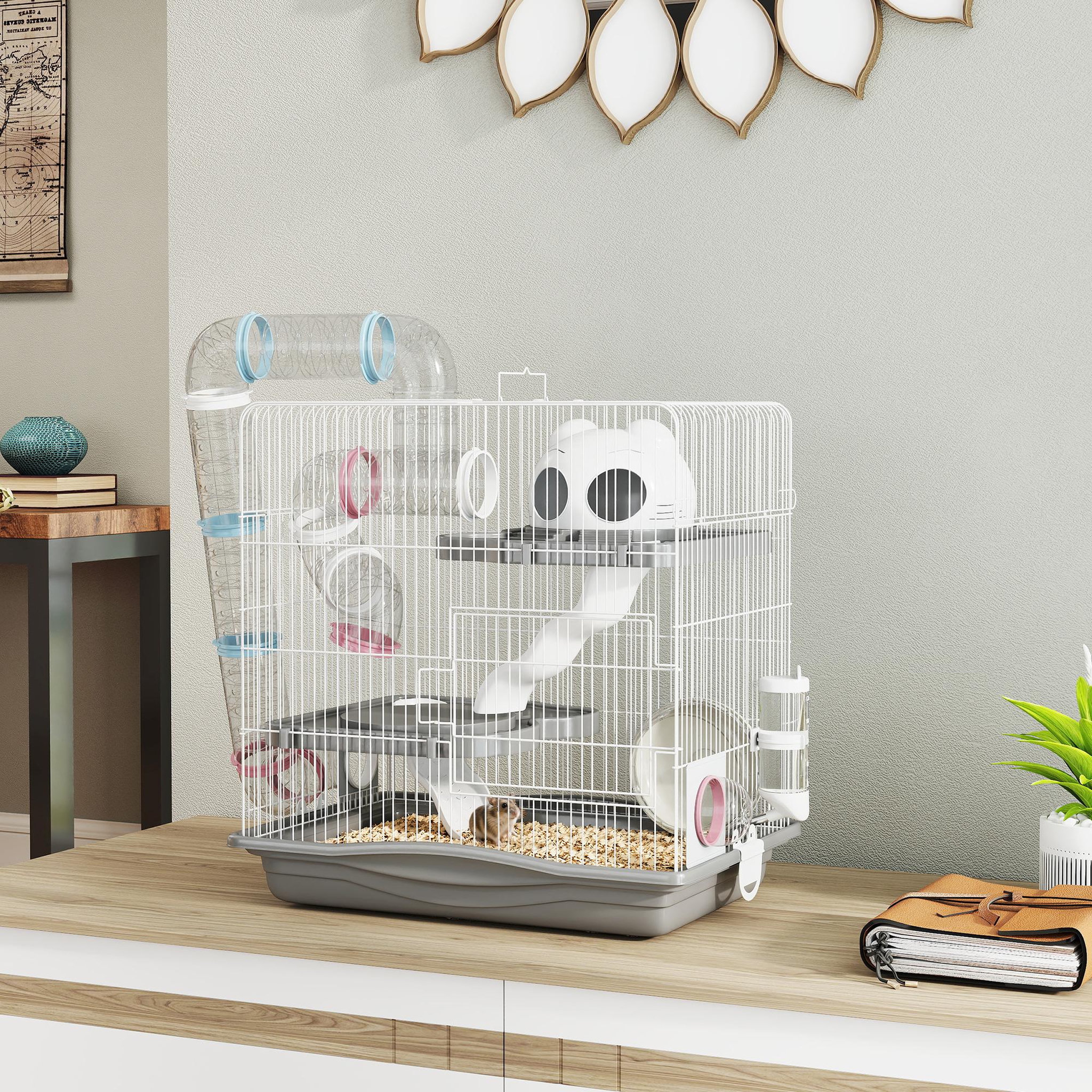 Voir la diapositive 2 : PAWHUT Cage rongeur hamster 3 niveaux cabane roue tunnel toboggan biberon mangeoire 45 x 30 x 45 cm blanc gris