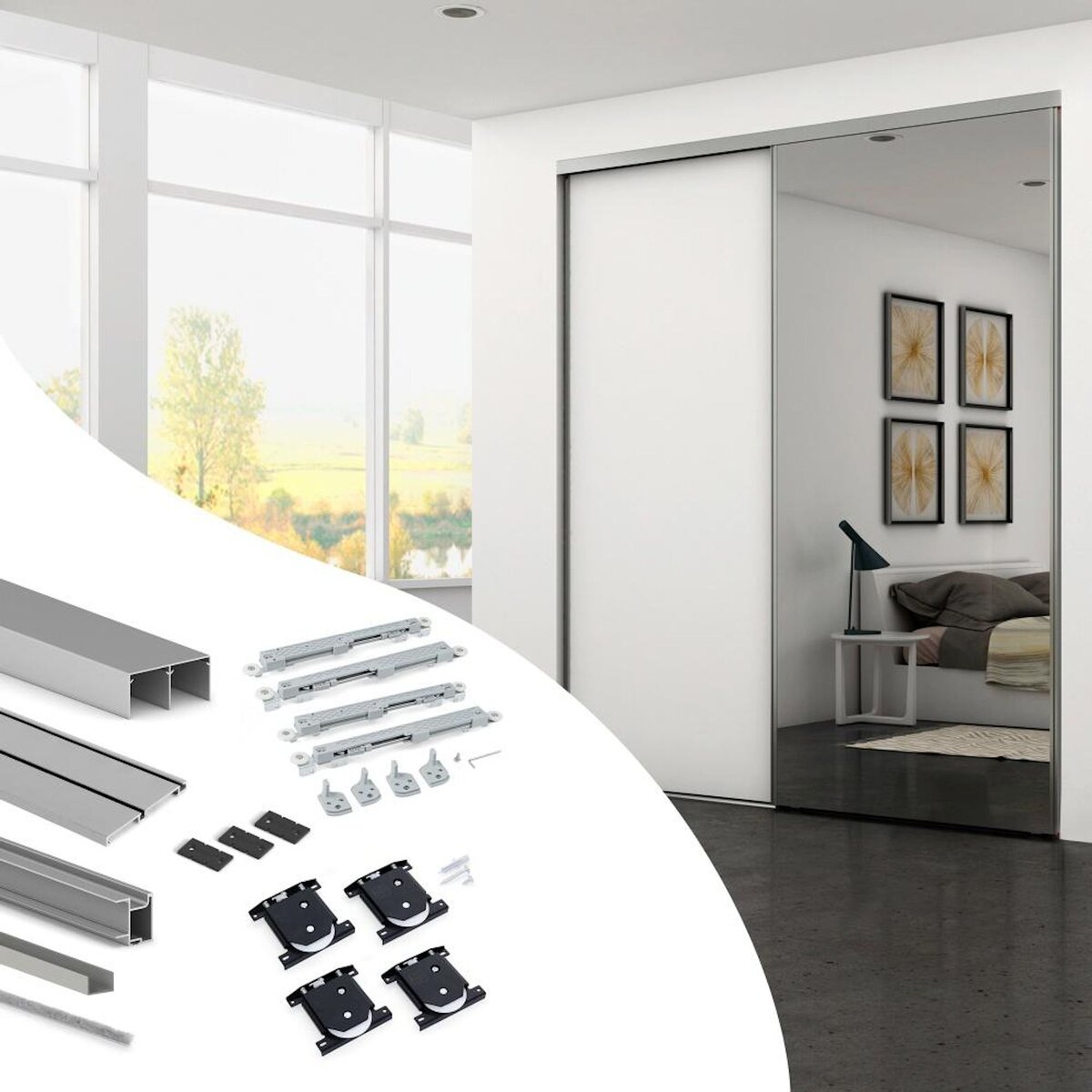 EMUCA SRL Kit de quincaillerie pour armoire à 2 portes coulissantes avec fermeture souple Placard 74 -  Modèle de poignée Sharp -  épaisseur 19mm -  panneaux non inclus -  Anodisé mat