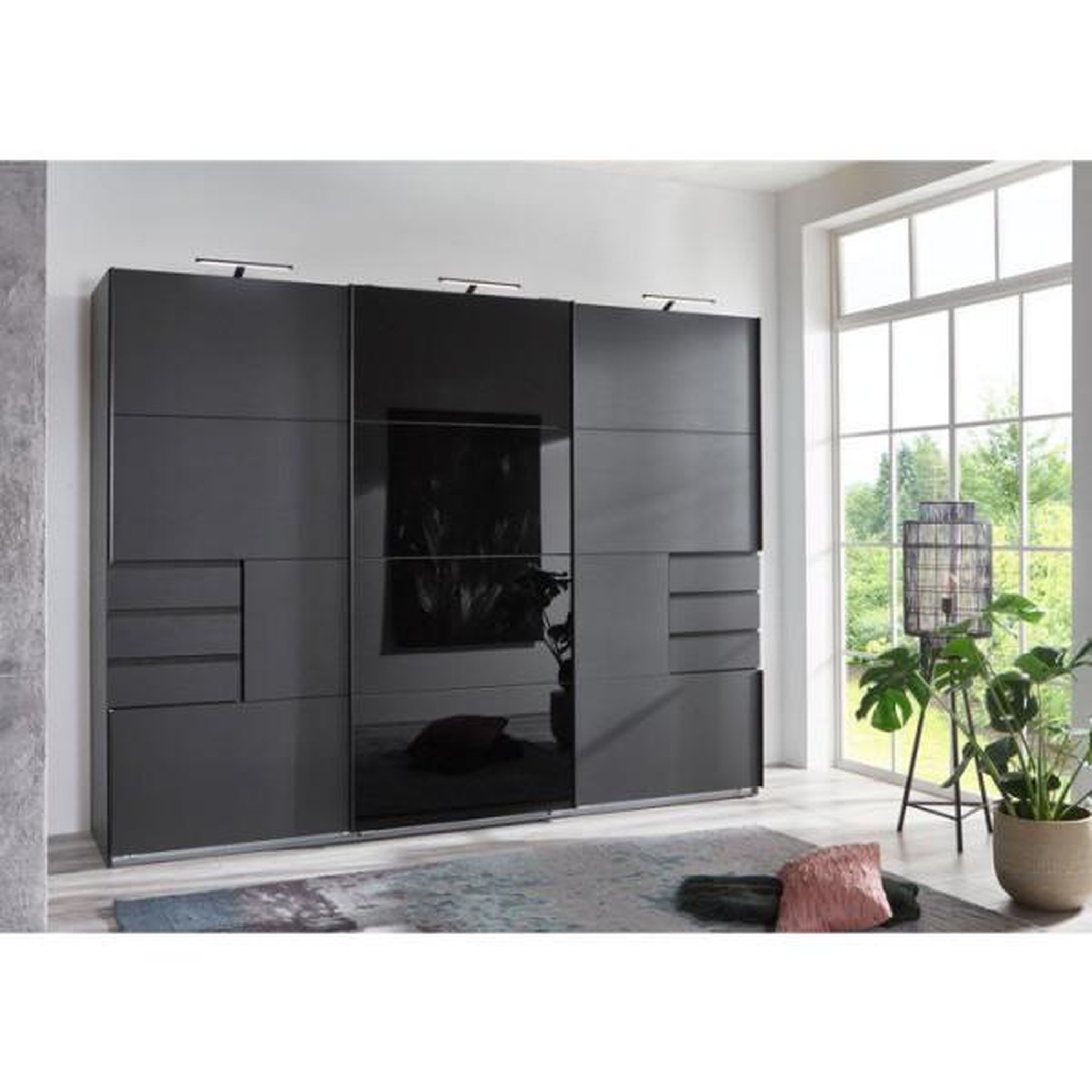 MARKET24 Armoire - décor graphite et noir - 3 portes coulissantes + 6 tiroirs - l 270 x p 64 x h 210 cm - saigon