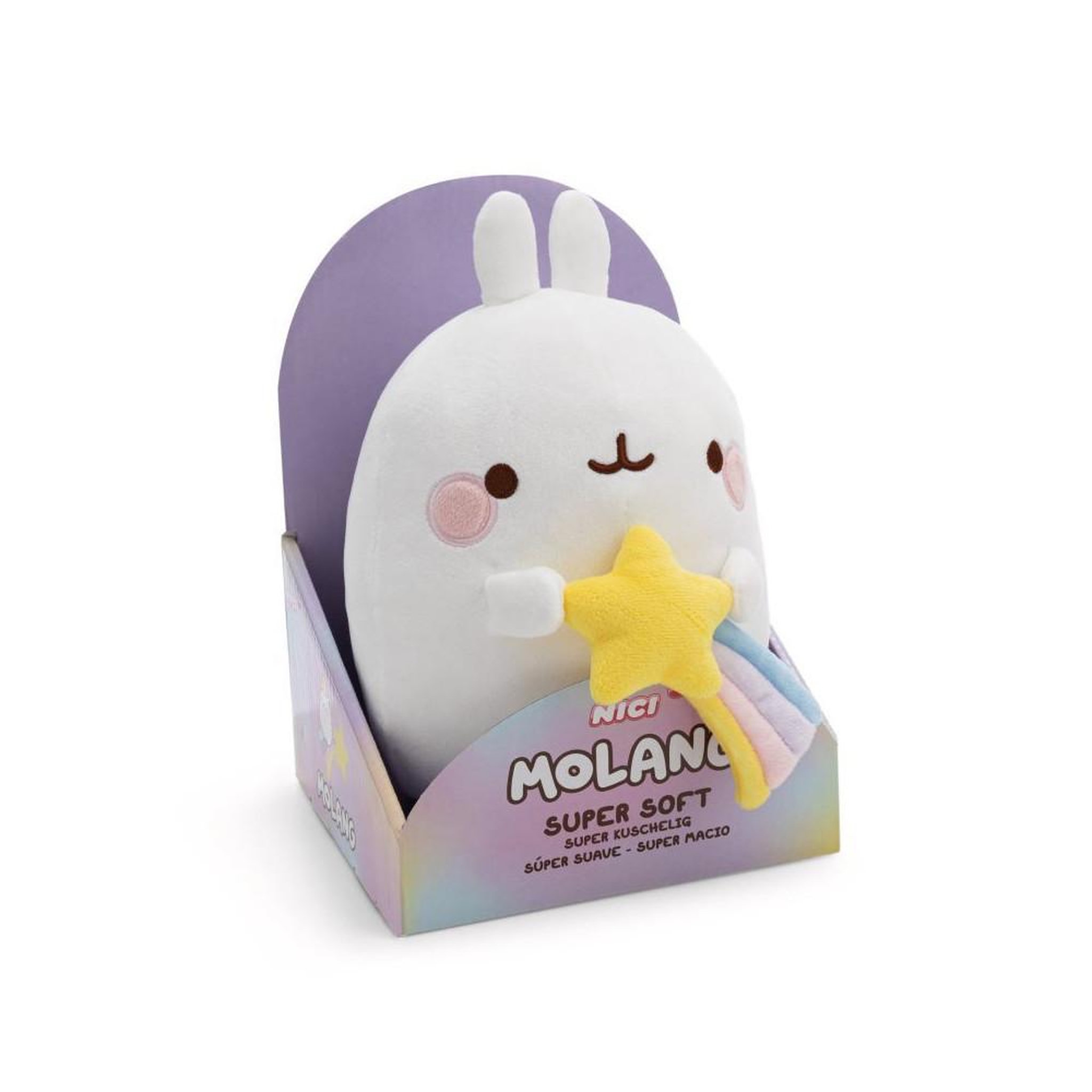Nici Peluche molang étoile en tissu doux avec piu piu, 24 cm, couleurs blanc, jaune et violet, détails cousus, boîte cadeau