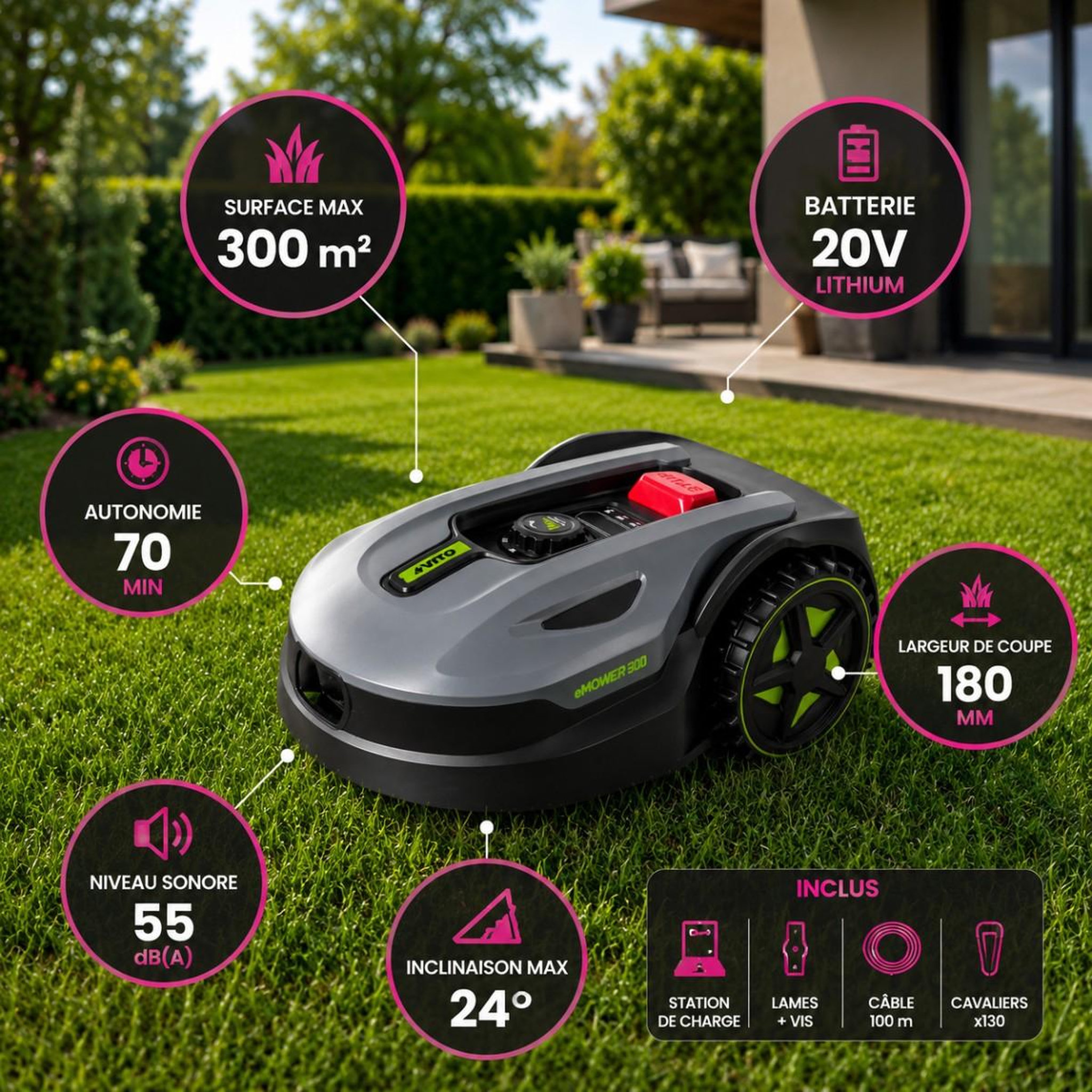 Voir la diapositive 3 : VITO Robot tondeuse sans fil 300m2 brushless 3 lames coupe 180mm retour station automatique mulching vito