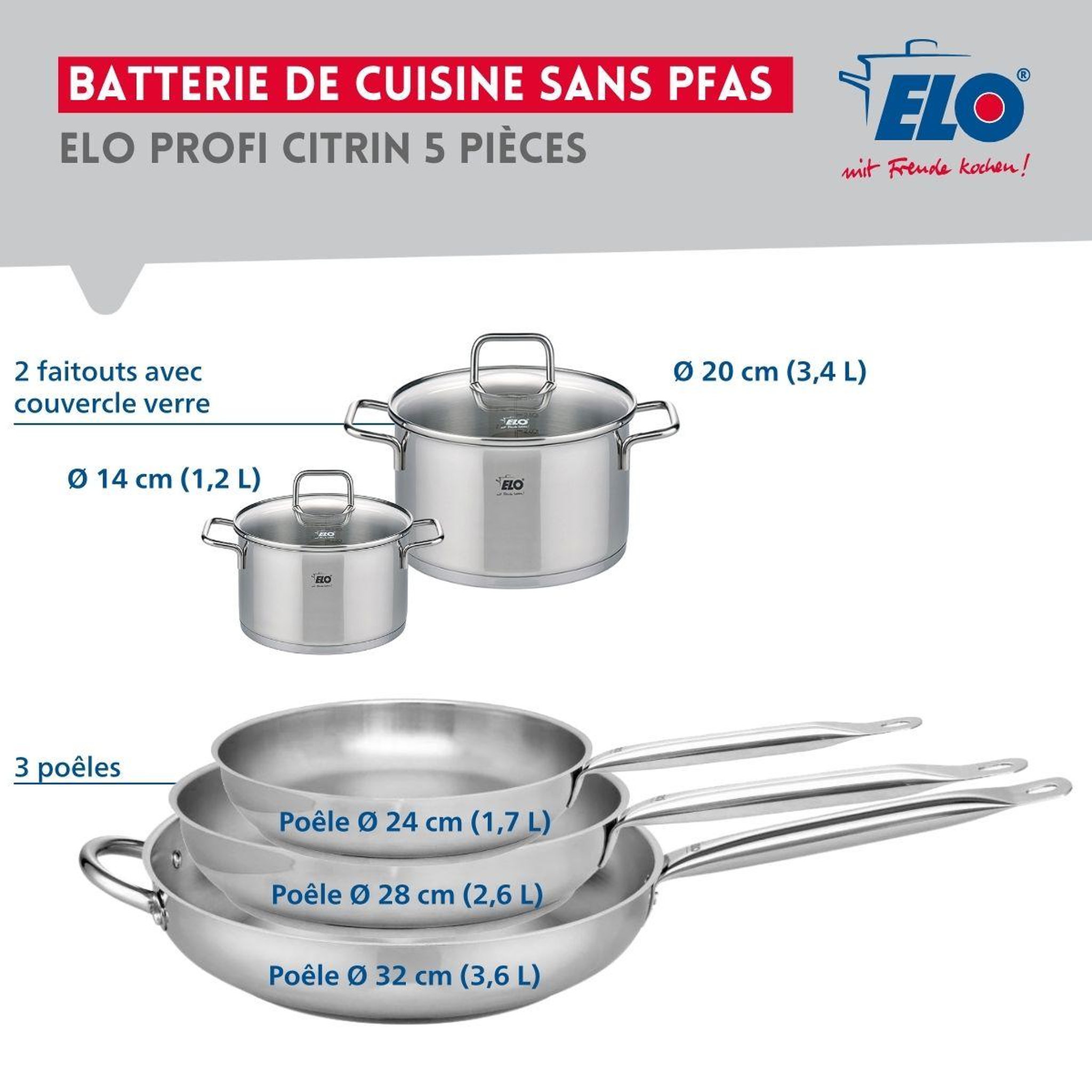 Voir la diapositive 2 : ELO Ensemble de 3 poêles de cuisson 24, 28 et 32 cm et 2 faitouts 14 et 20 cm elo profi citrin