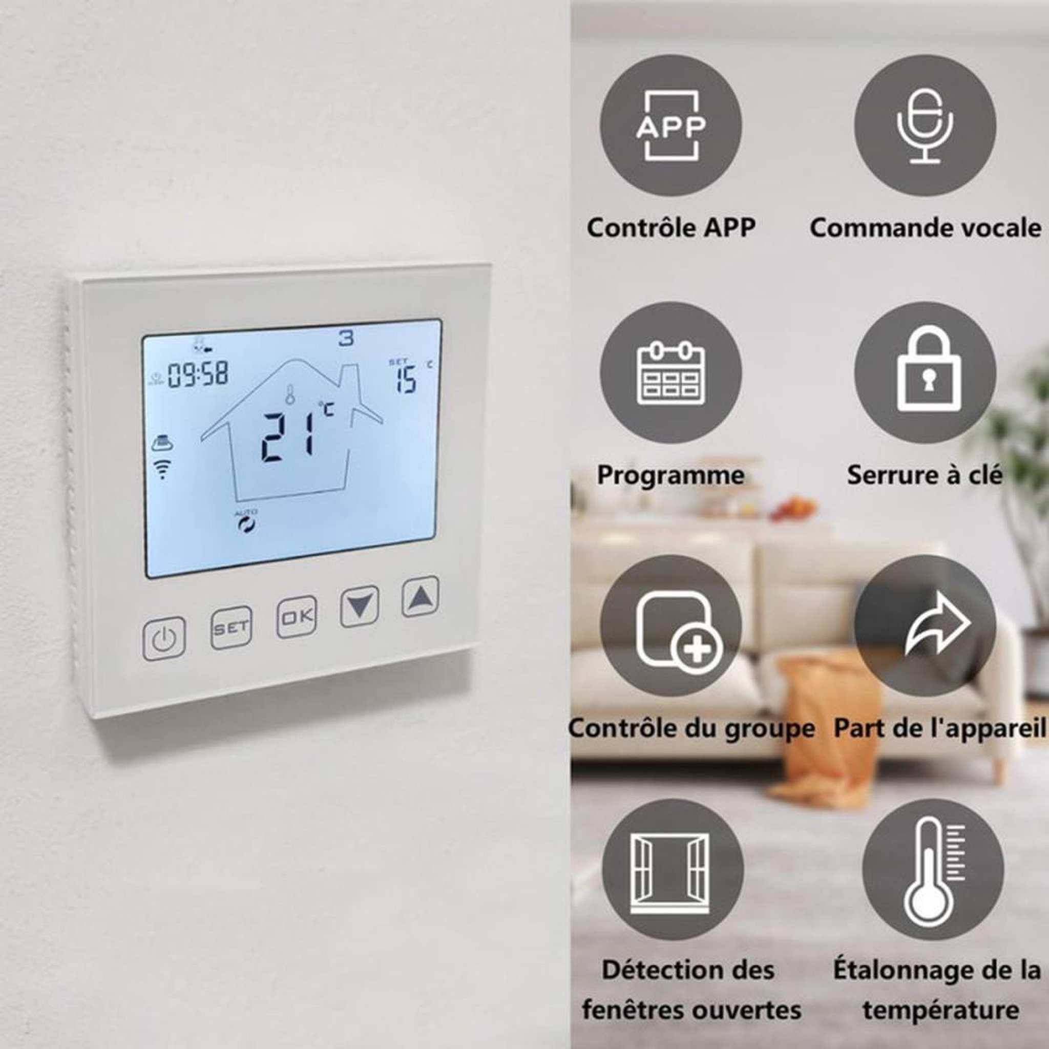 Voir la diapositive 2 : Thermostat Wi‑Fi 16 A pour chauffage au sol électrique, écran LCD, contrôle Tuya/Smart Life, commande vocale Alexa/Google, sonde NTC 2,5 m, blanc