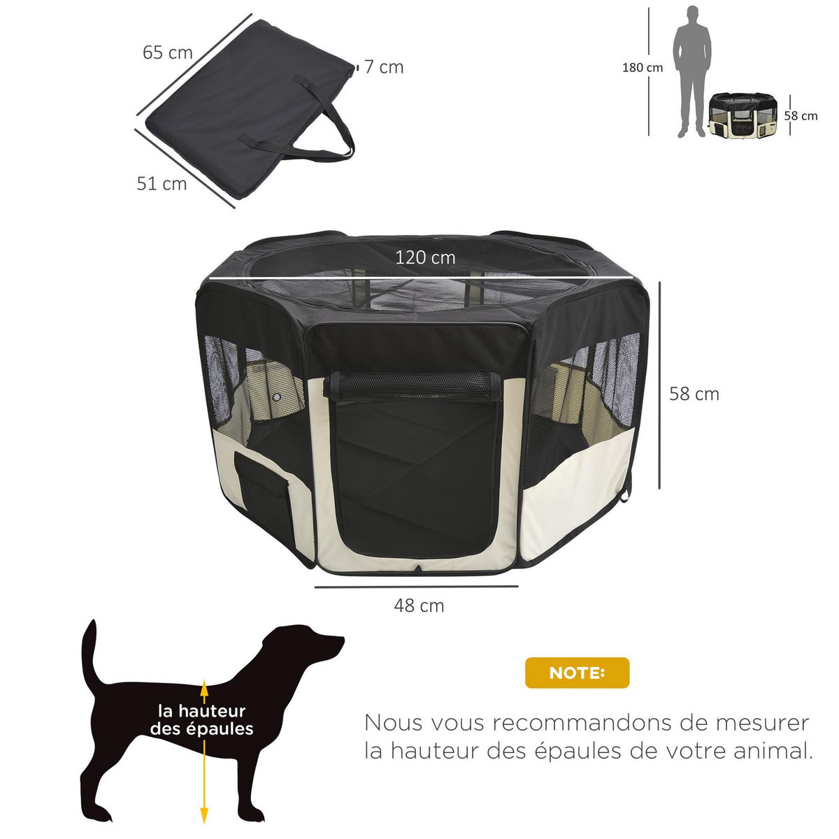 PAWHUT Parc enclos pliable chien chat - Ø 120 x 58H cm - acier tissu Oxford - crème noir