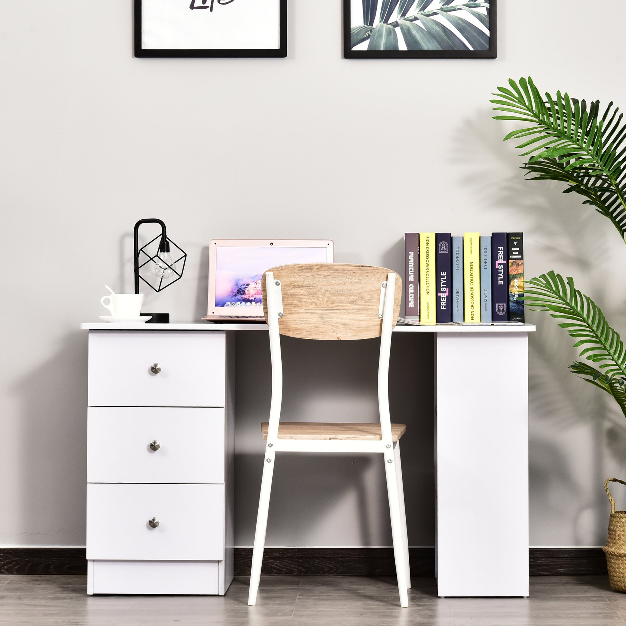 Voir la diapositive 4 : HOMCOM Bureau informatique multimédia multi-rangements 3 tiroirs 2 étagères 120L x 49l x 72H cm blanc