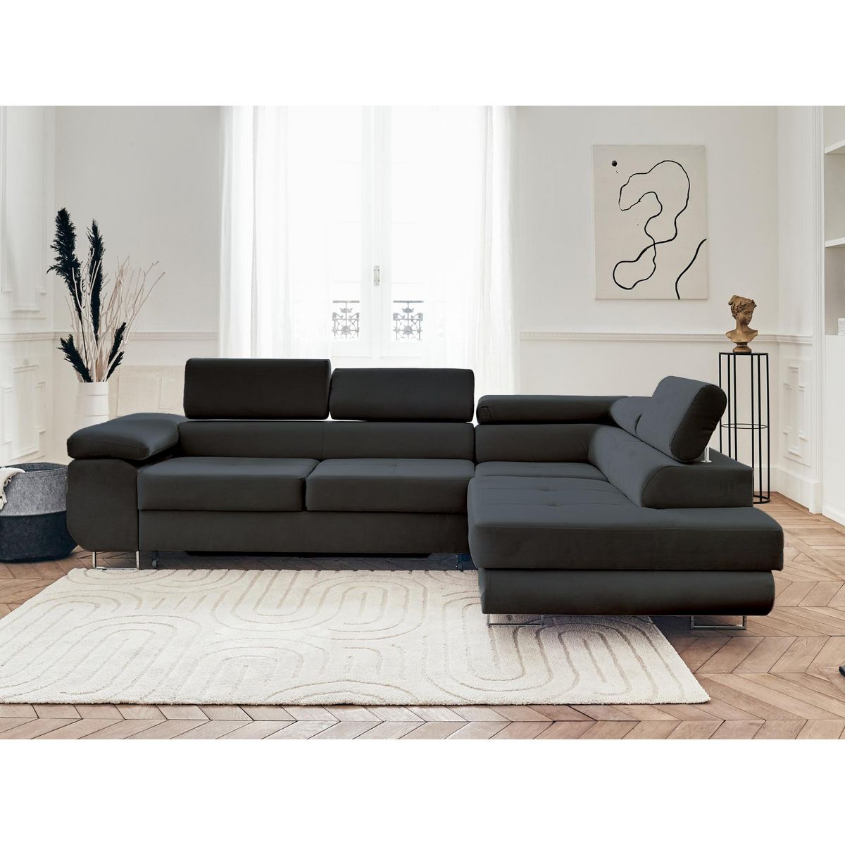 BEST MOBILIER Pablo - canapé d'angle droit - 5 places - convertible avec coffre et têtières réglables - en velours