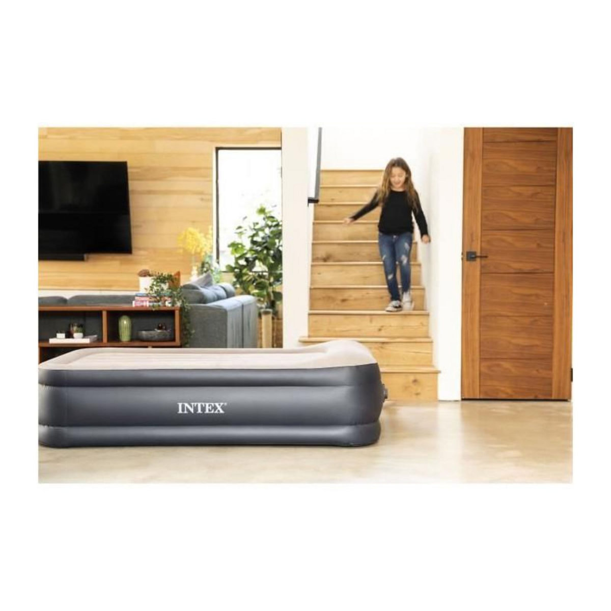 INTEX Matelas Gonflable Électrique 2 Places  Fibertech Luxe  Gris