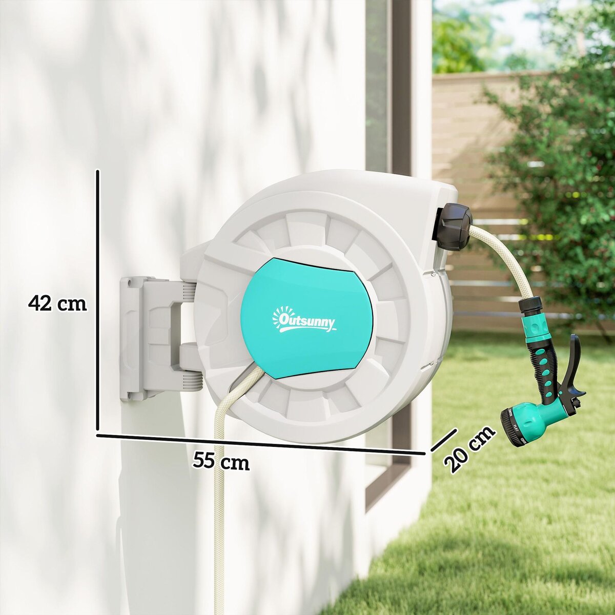 OUTSUNNY Dévidoir mural enrouleur automatique pivotant 180° tuyau 35 + 2 m avec lance arrosage 7 modes support mural intégré gris clair bleu