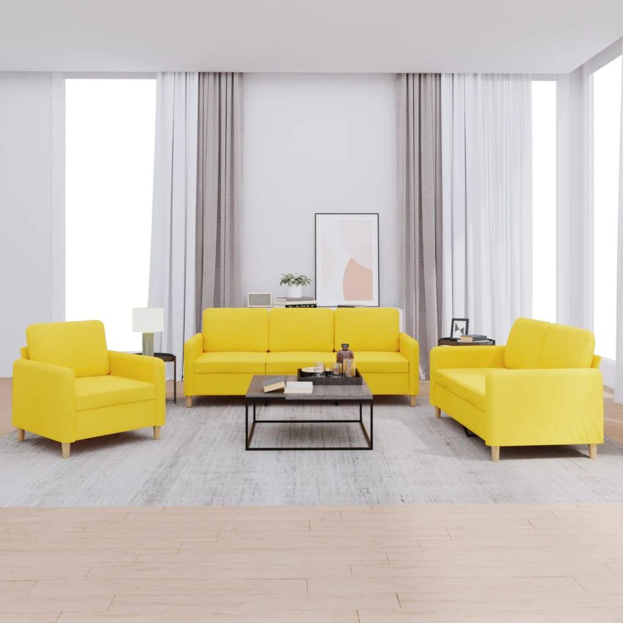 VIDAXL Ensemble de canapes 3 pcs avec coussins Jaune clair Tissu