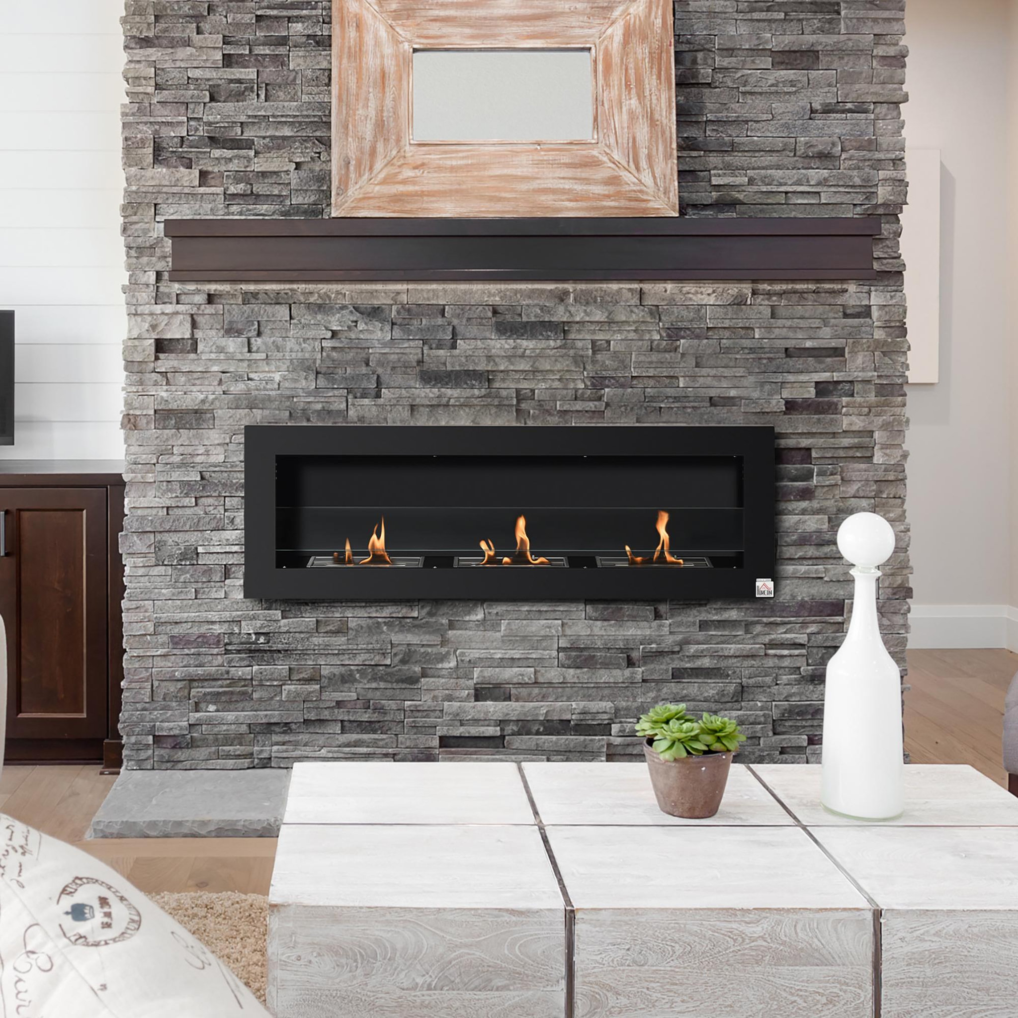 Voir la diapositive 2 : HOMCOM Cheminée bioéthanol murale design bauhaus - triple brûleur 1 l - pare-feu verre trempé, kit fixation inclus - acier inox. Acier dépoli noir