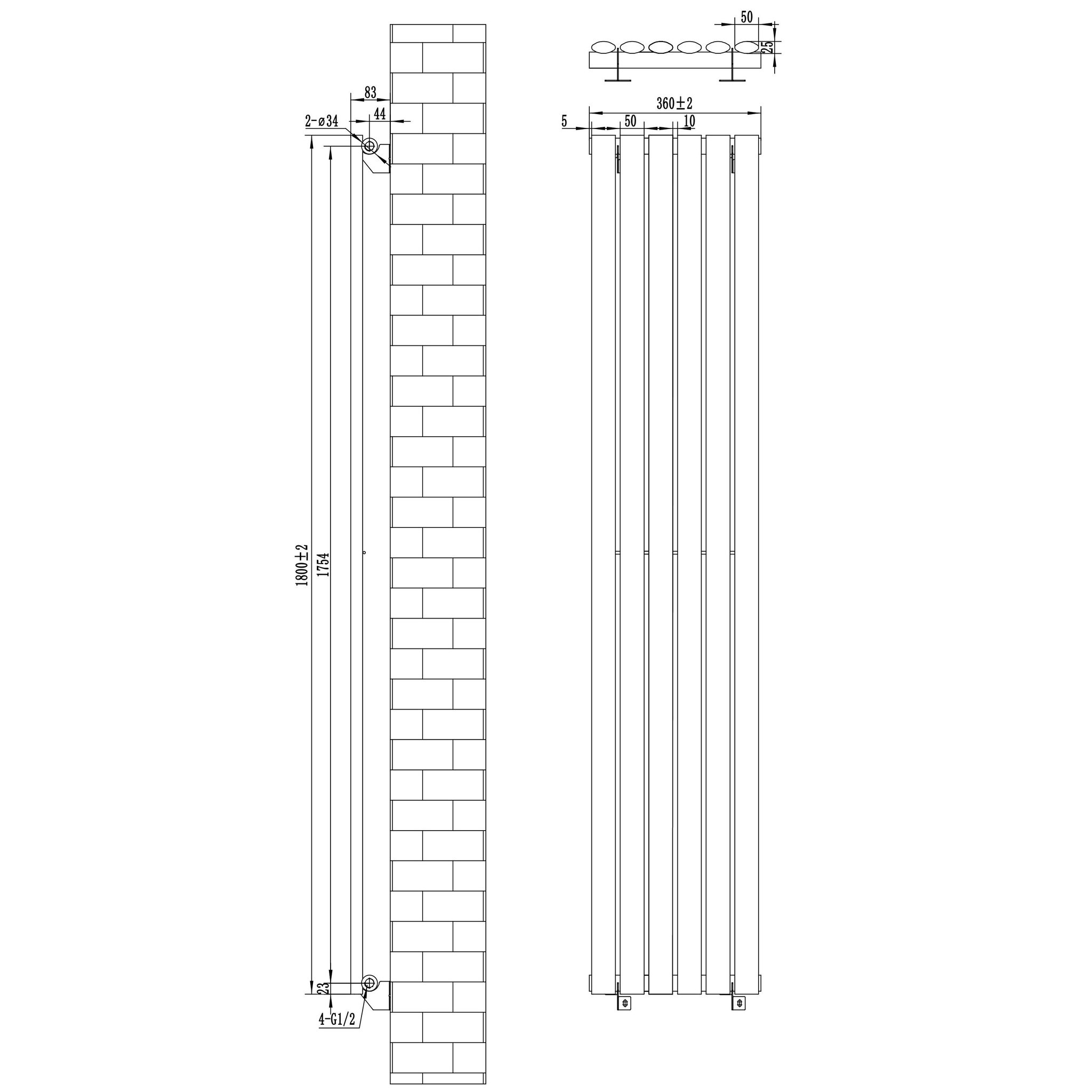 Voir la diapositive 5 : MONSTERSHOP Radiateur à colonnes ovales & vannes, 1 panneau - 1800 x 360 mm
