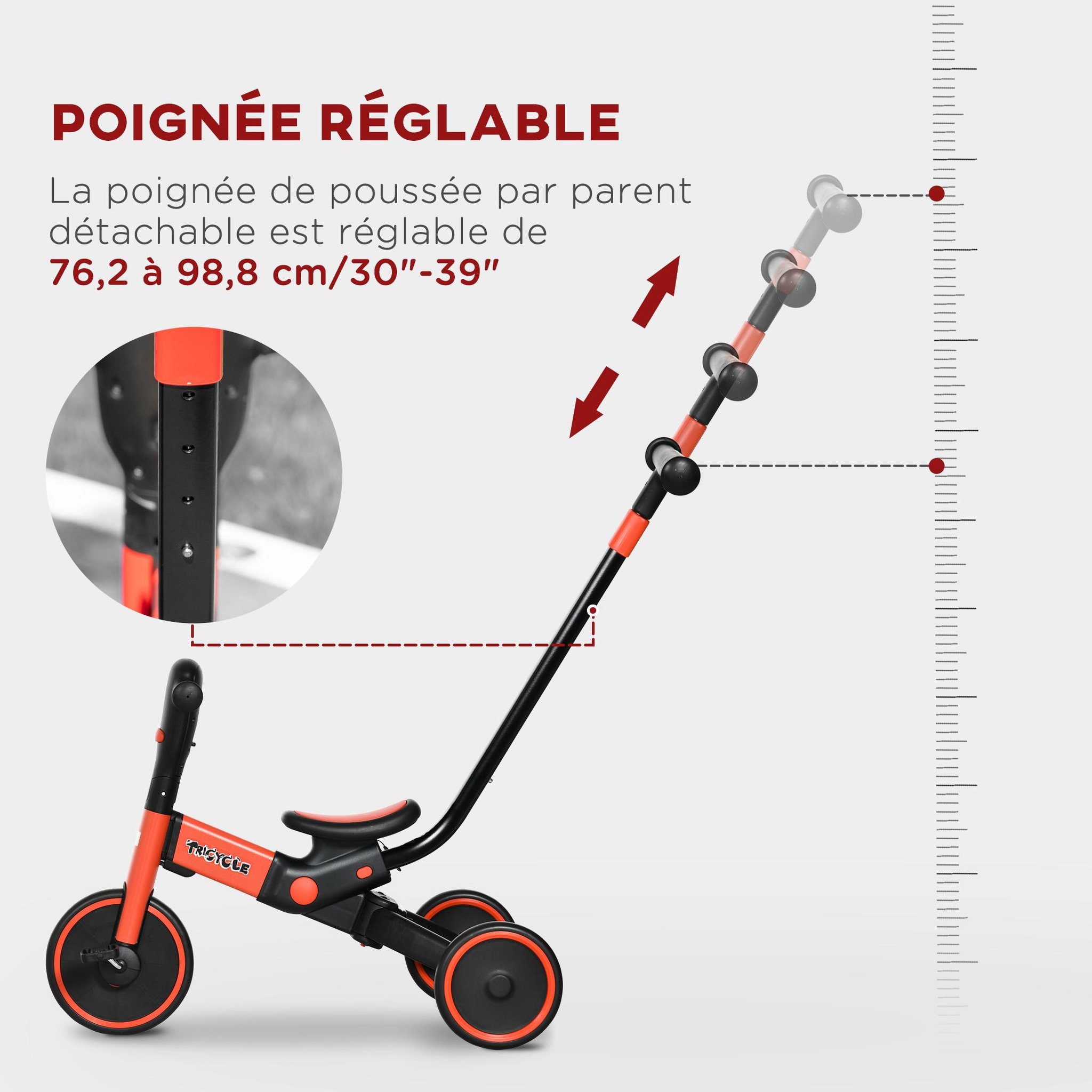 Voir la diapositive 5 : HOMCOM Tricycle enfant évolutif 4 en 1 - tricycle à pousser, tricycle simple, draisienne, vélo - canne  télescopique - guidon pliable - alu. rouge PP noir