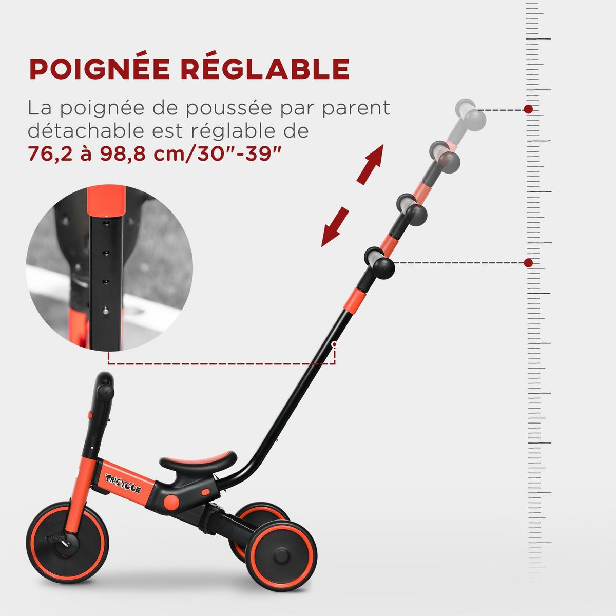 HOMCOM Tricycle enfant évolutif 4 en 1 - tricycle à pousser, tricycle simple, draisienne, vélo - canne  télescopique - guidon pliable - alu. rouge PP noir