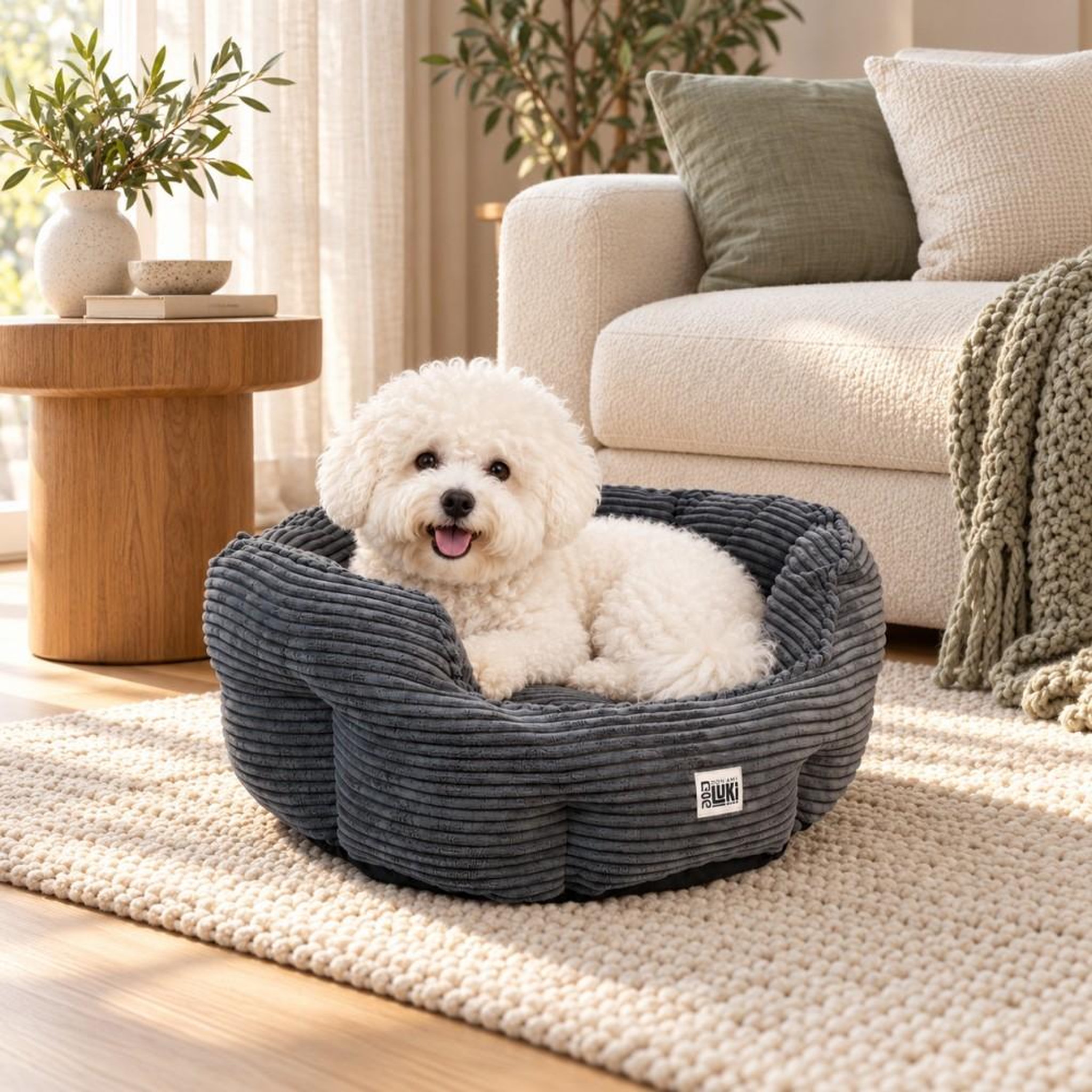 Voir la diapositive 3 : MON AMI LUKI MON AMI LUKI - Panier rond antiderapant velours cotele couleur gris pour chien