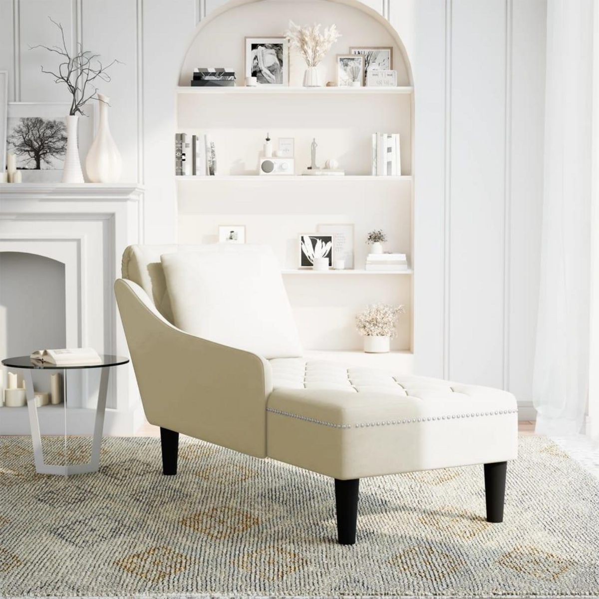 VIDAXL Fauteuil long avec coussin et accoudoir droit creme velours