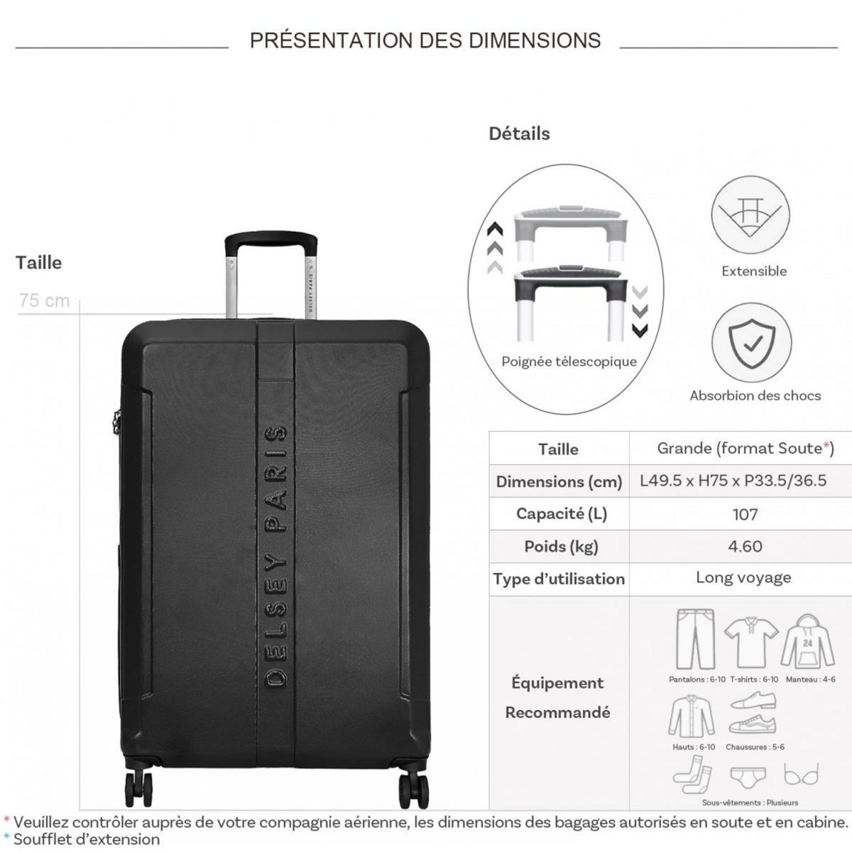 Delsey Grande valise rigide Départ TSA 75cm