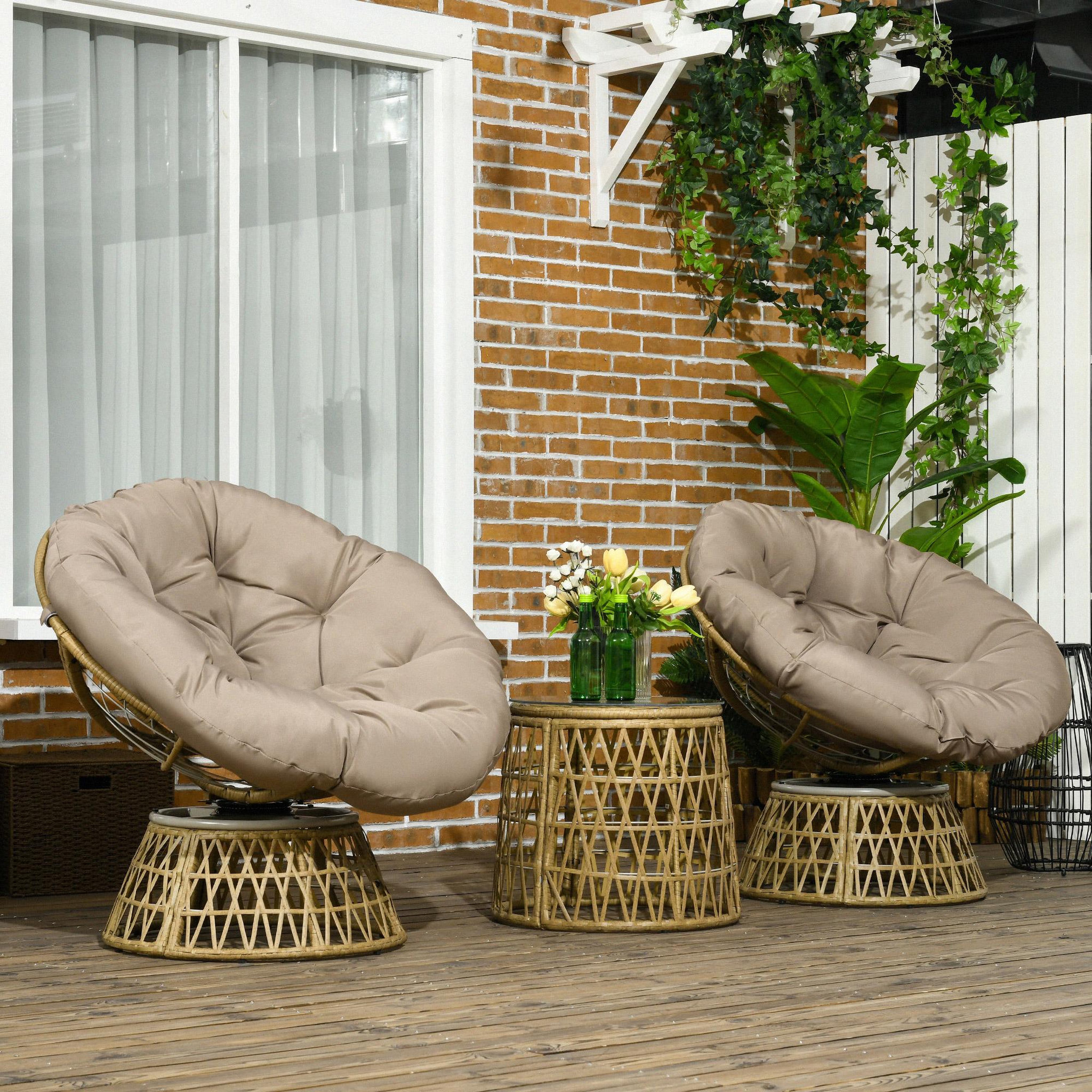 Voir la diapositive 2 : OUTSUNNY Ensemble salon de jardin 3 pièces - 2 fauteuils papasan, table basse - coussins taupe - résine tressée aspect rotin