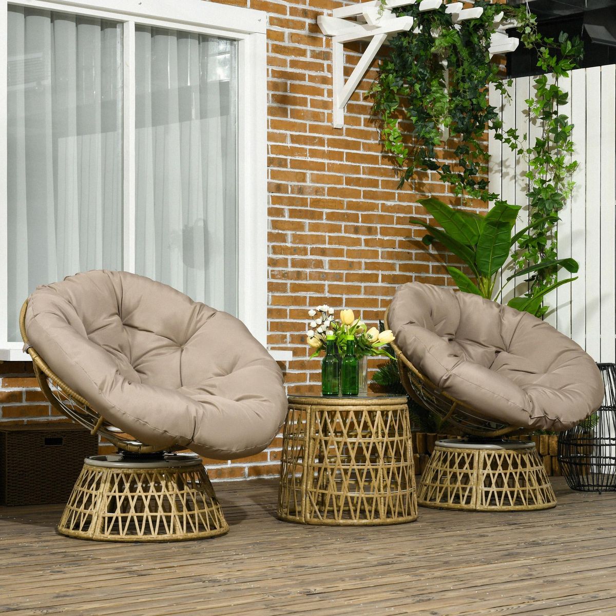 OUTSUNNY Ensemble salon de jardin 3 pièces - 2 fauteuils papasan, table basse - coussins taupe - résine tressée aspect rotin